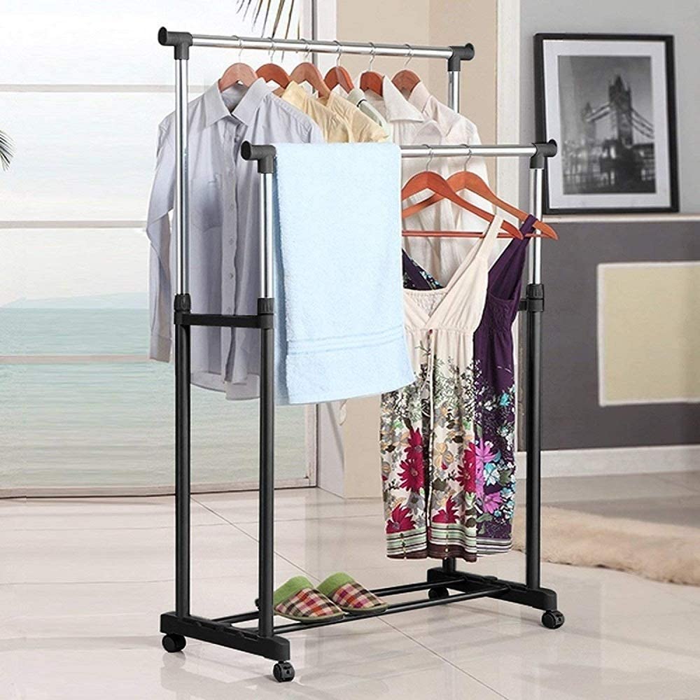 Piercell Adjustable Stainless Steel Portable Double Pole Telescopic Clothes Rack | Foldable Single Clothes and Garment Hanging Rack | Laundry Drying Stand with Wheels for Indoor and Outdoor