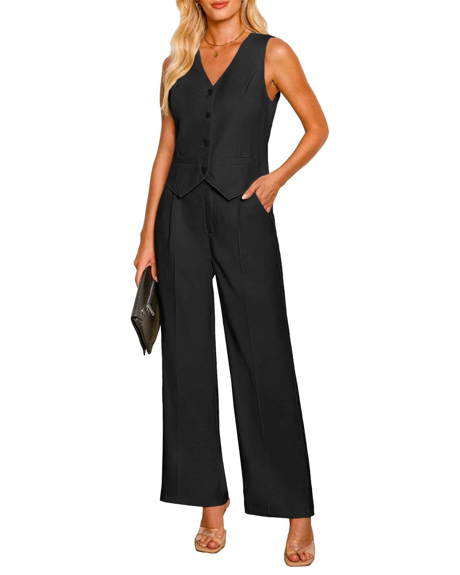 luvamiaPant Suits for Women Dressy Casual 2 Piece Sets Sleeveless Blazer Vest with High Rise Wide Leg Pants Work Office