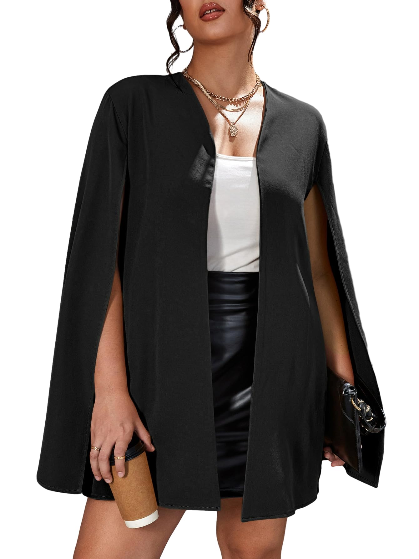 OYOANGLEWomen's Plus Size Elegant Cape Blazer Split Long Sleeve Open Front Work Office Jacket Outerwear