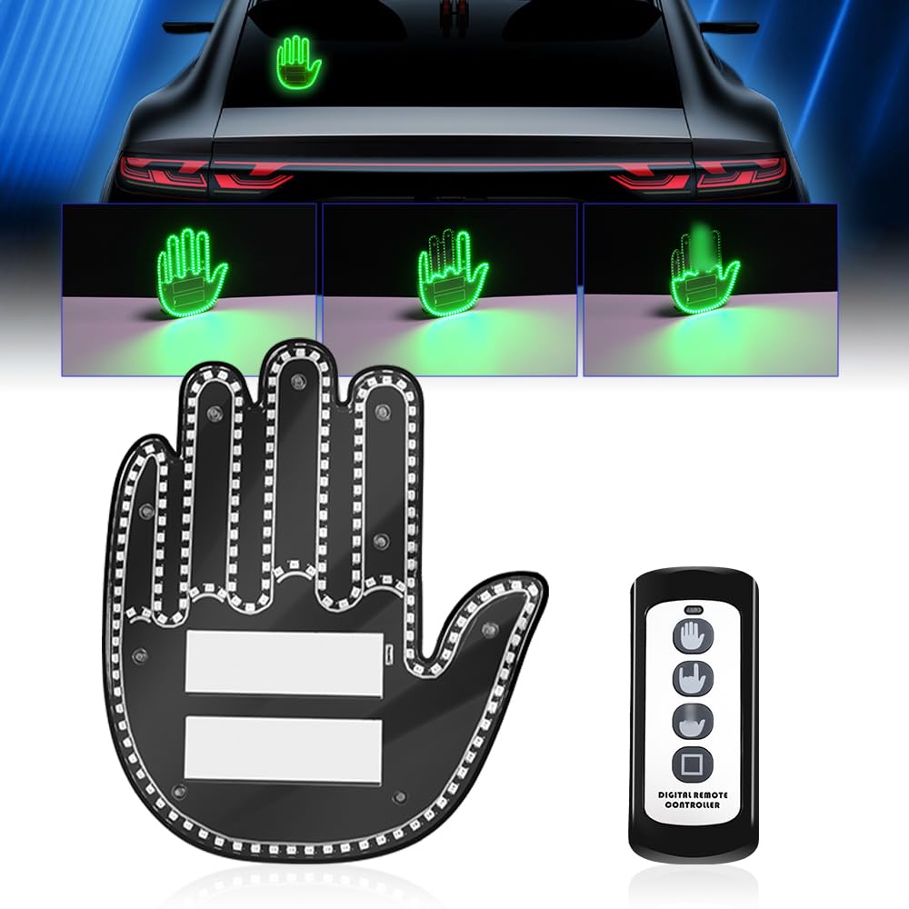 Hand Gesture LED Car Lights, Upgrade Green Funny Waterproof Front&Rear Vehicle Window Road Rage Signs with Remote, Car Accessories for Men, Women, & Teens