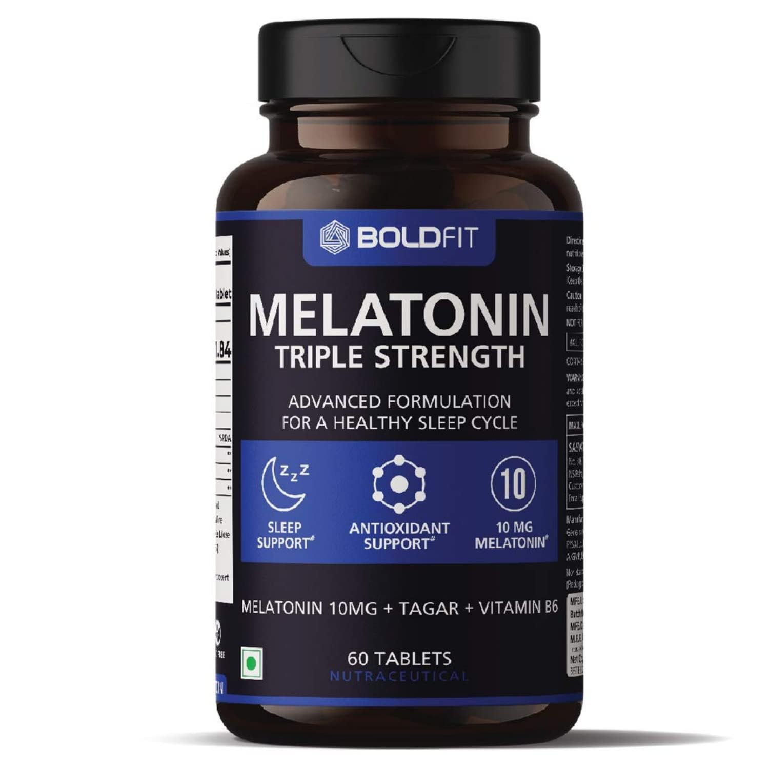 Boldfit Melatonin 10mg Sleeping Pills for Deep Sleep with Tagara 250mg - Sleeping Aid Pills - Melatonin Tablets for Men & Women For Sleep, Immunity & Antioxidant Support - 60 Veg Tab