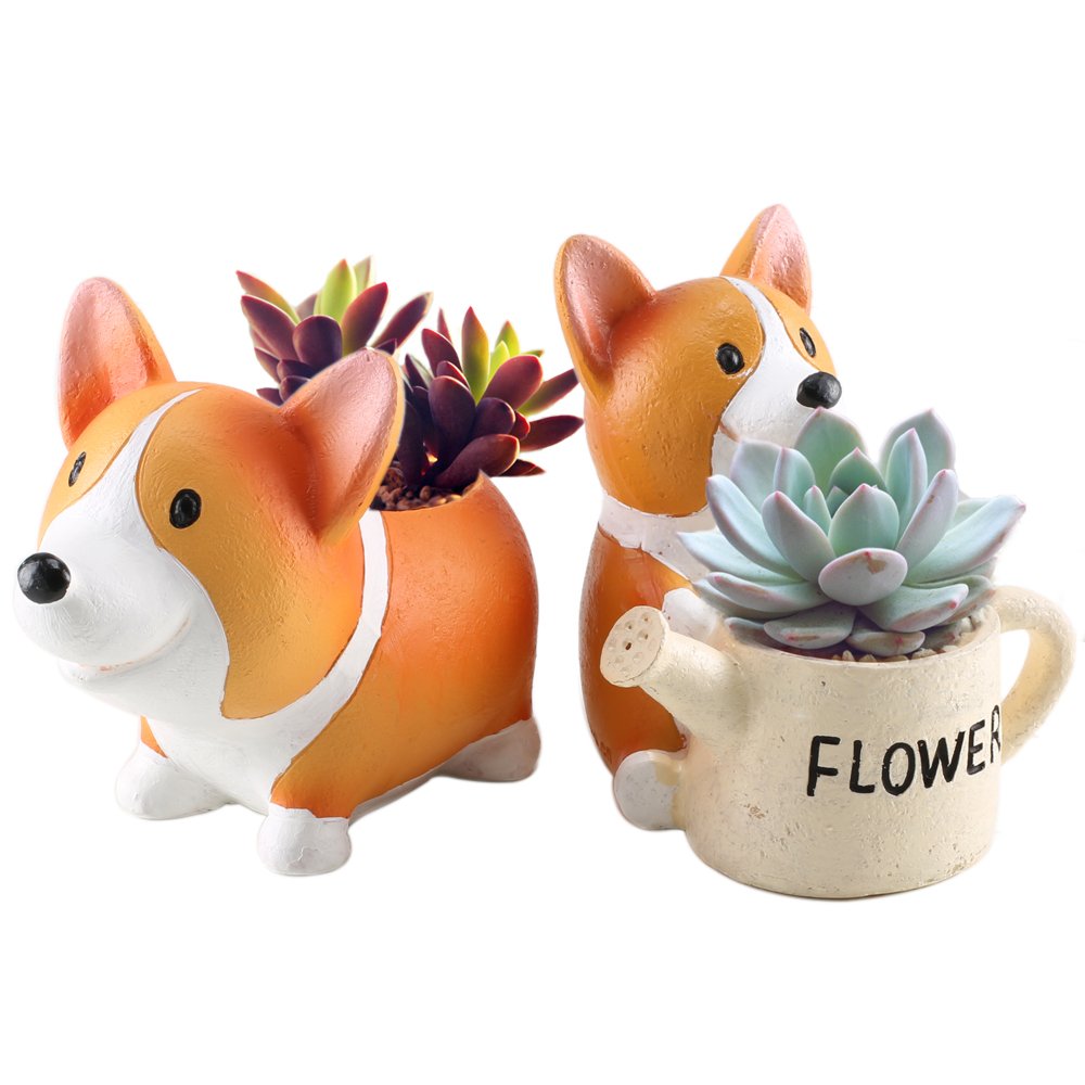 Anpatio Mini Resin Animal Plant Pot Adorable Carton Corgi Succulent Planter Desktop Flowerpot Fairy Garden Home Garden Decoration Set of 2