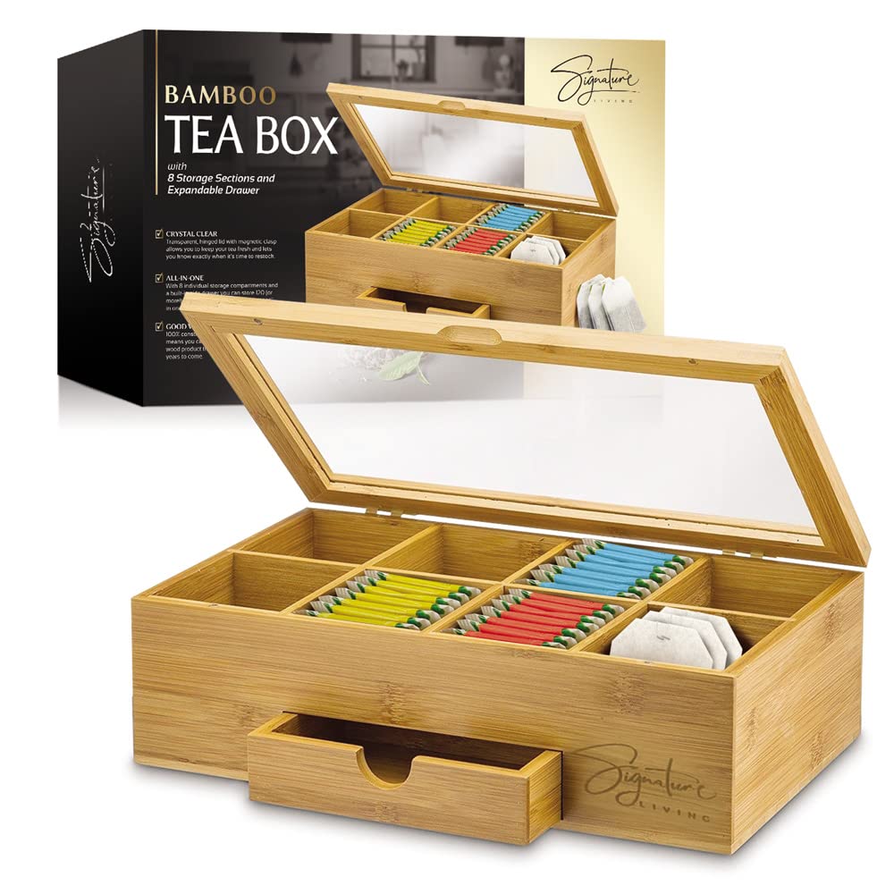 Signature Living Bamboo Wooden Tea Box Organizer Storage with Drawer (8 Compartments) Large Tea Organizer Box for Tea Bags and Loose Tea - Sturdy, Natural Bamboo