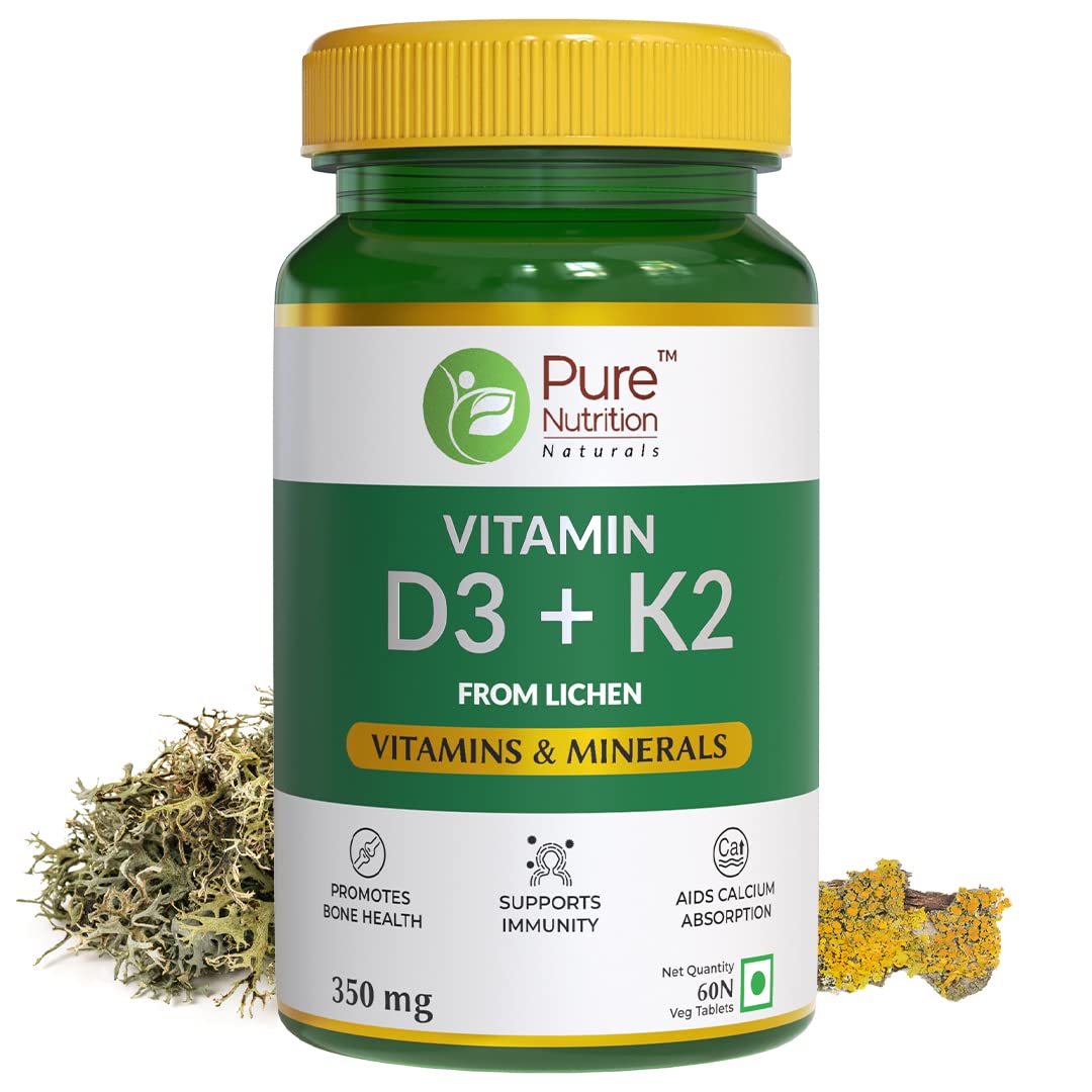 Pure Nutrition Naturals Vitamin D3 (Lichen Source) + Vitamin K2 (Mk-7 55Mcg) 600 Iu Daily Wellness Supplement For Strong Bones, Immunity, Joint & Heart Health For Men & Women - 60 Veg Tablets