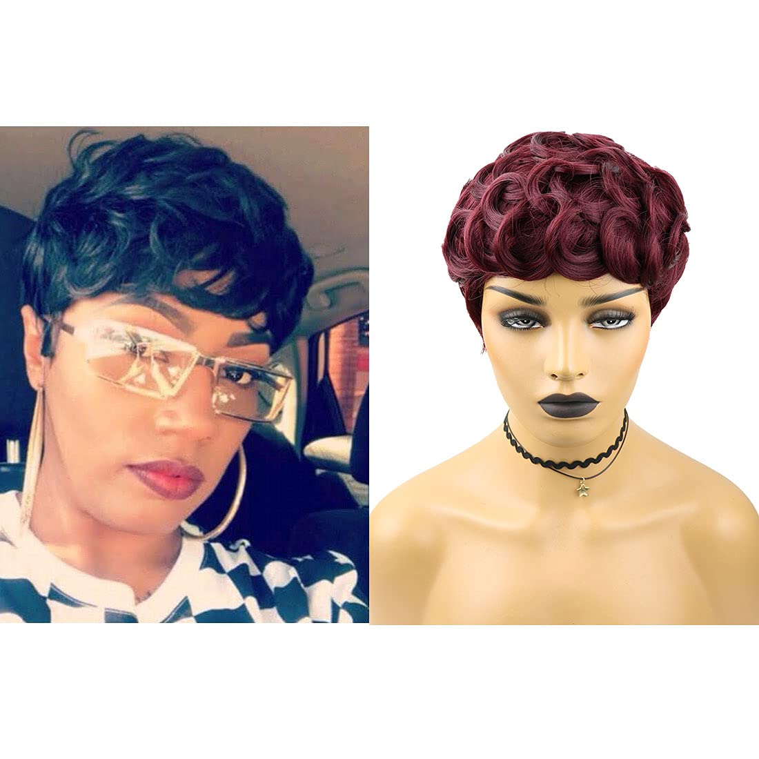 Yviann Short Synthetic Wavy Pixie Wigs Wine Red Color Cute Curly Wigs for Black Women Burgundy Wigs Heat Resistant Fiber Hair