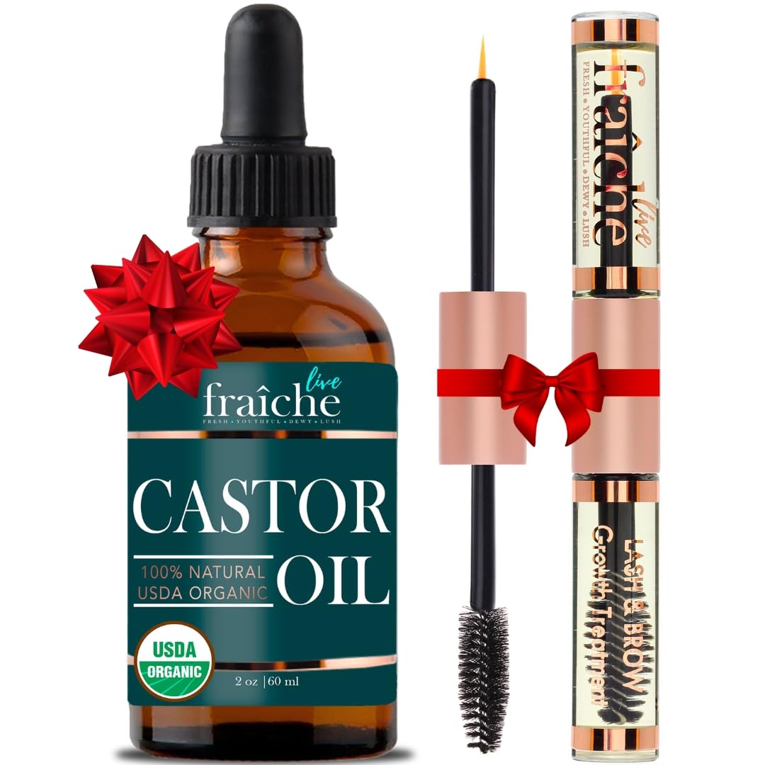 Live Fraiche Castor Oil (59ml) + Custom Mascara Tube USDA Certified Organic, 100% Pure, Cold Pressed, Hexane Free by . Stimulate Growth for Eyelashes, Eyebrows, Hair. Lash Growth Serum. Brow Treatment