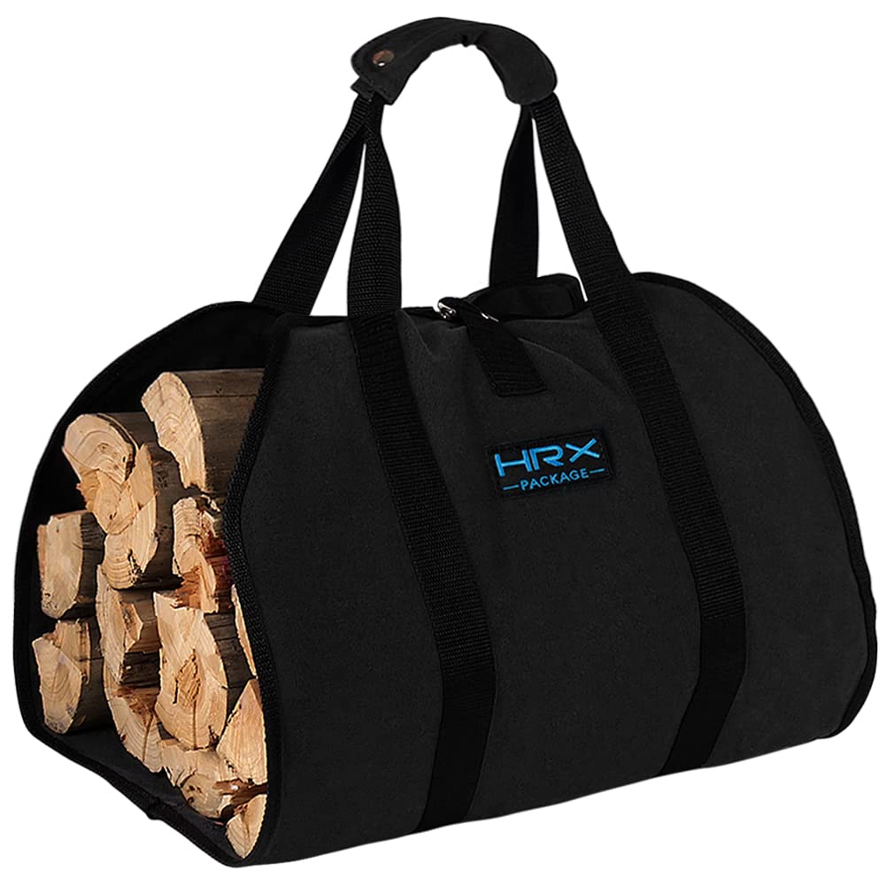 HRX PackageWaxed Canvas Firewood Carrier, Water Resistant Log Tote Wood Carrying Bag with Handles for Camping Trip Christmas Gift (Black)