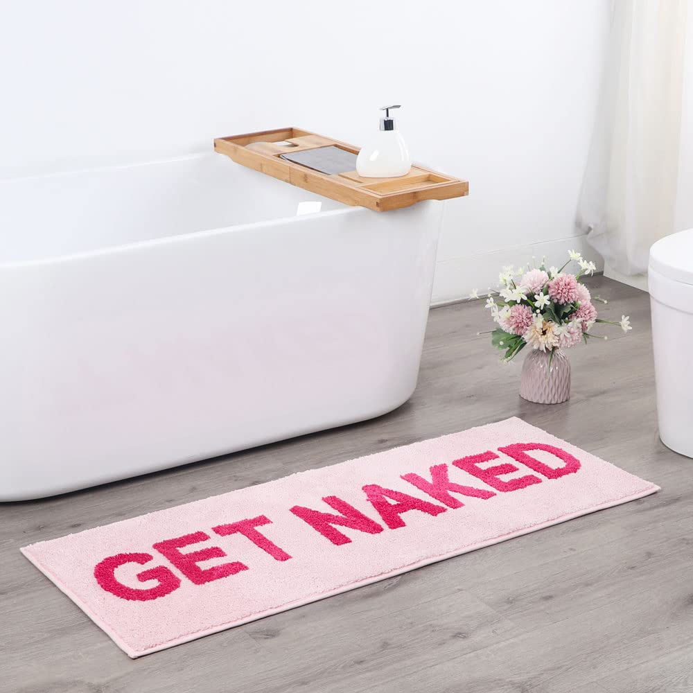 BOVEU Get Naked Bath Mat Runner, 17 x 47 Inch Long Non Slip Absorbent Pink Bathroom Runner, Machine Washable Bath Rugs, Soft Carpets for Bathroom Decor, Light Pink