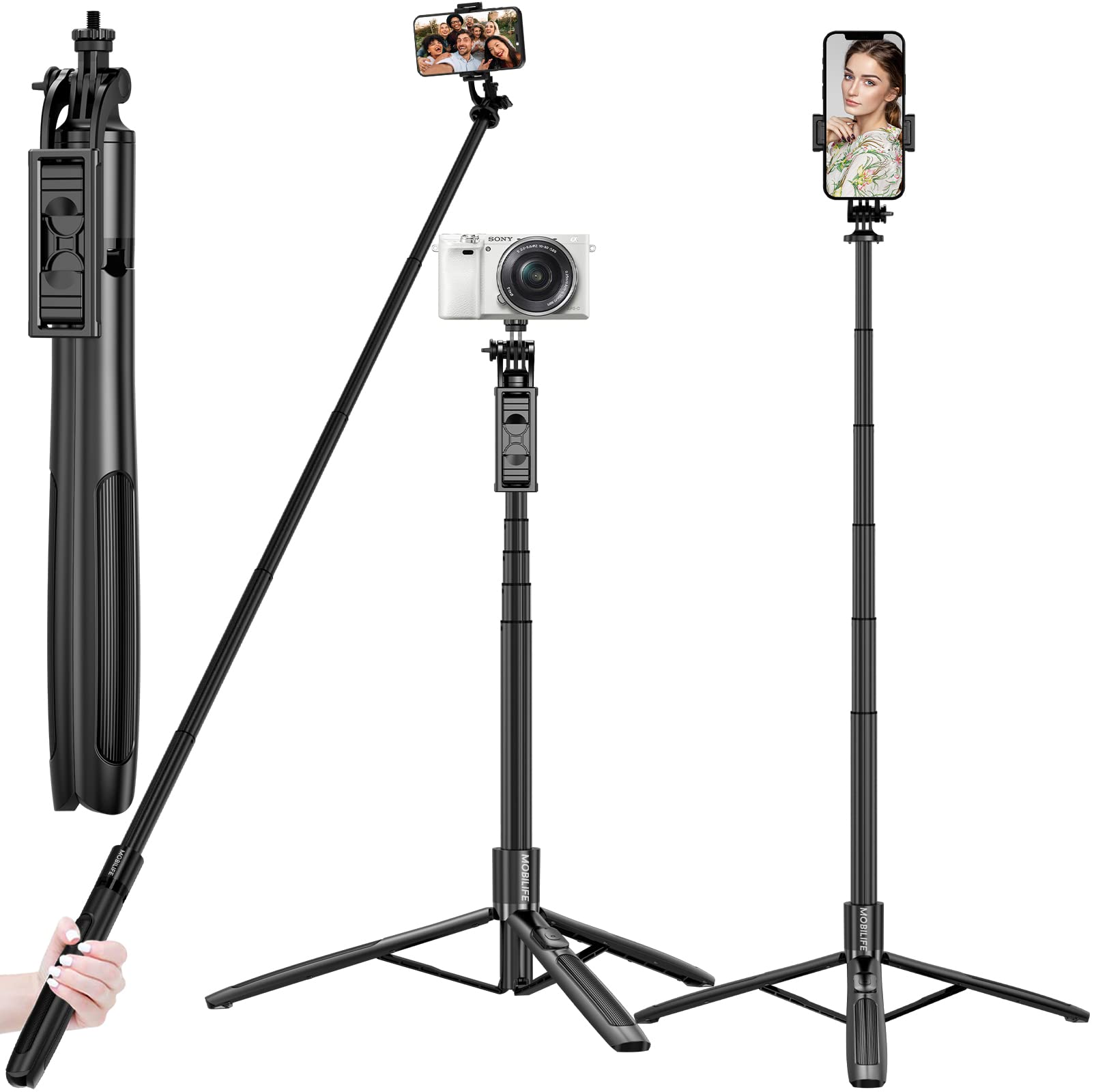 Mobilife Long Selfie Stick with Reinforced Tripod Stand Aluminum 61 inch/156 cm Multifunctional Camera Tripod for Vlogging Live Stream 1/4" Screw for Mirrorless/Action Camera Ring Light Gopro,Black