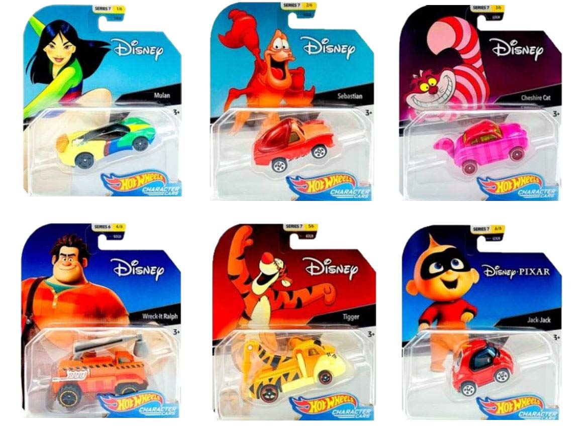 Hot Wheels Set of 6 Disney/Pixar Character Cars, Series 7, 1/64 Collectible Die Cast Toy Cars, with Mulan, Sebastian, Cheshire Cat, Wreck-It Ralph, Tigger, and Jack Jack