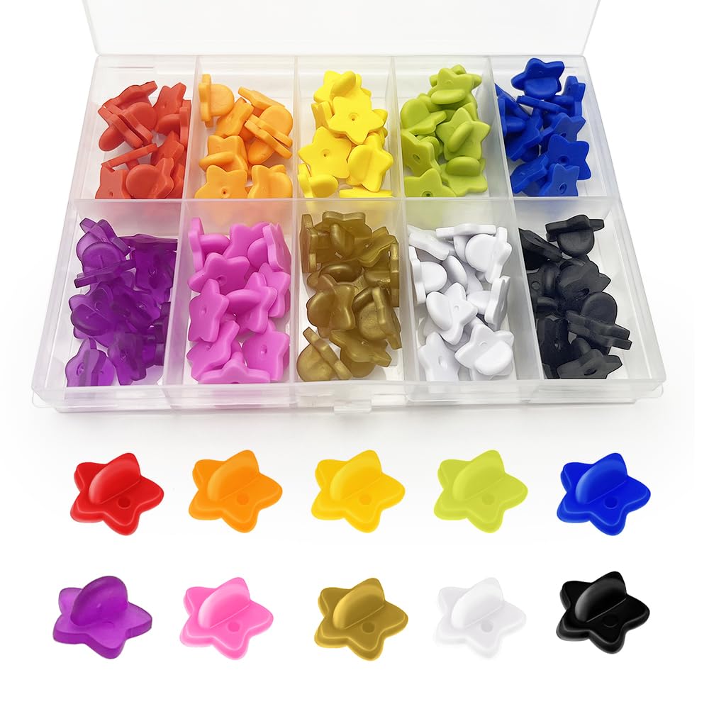 100Pcs Star Rubber Pin Backs Locking, Locking Pin Backs with Storage Case, Pin Backs Pin Keepers for Brooch Tie Hat Badge Insignia, Multicolor Star-Shaped Pin Locks