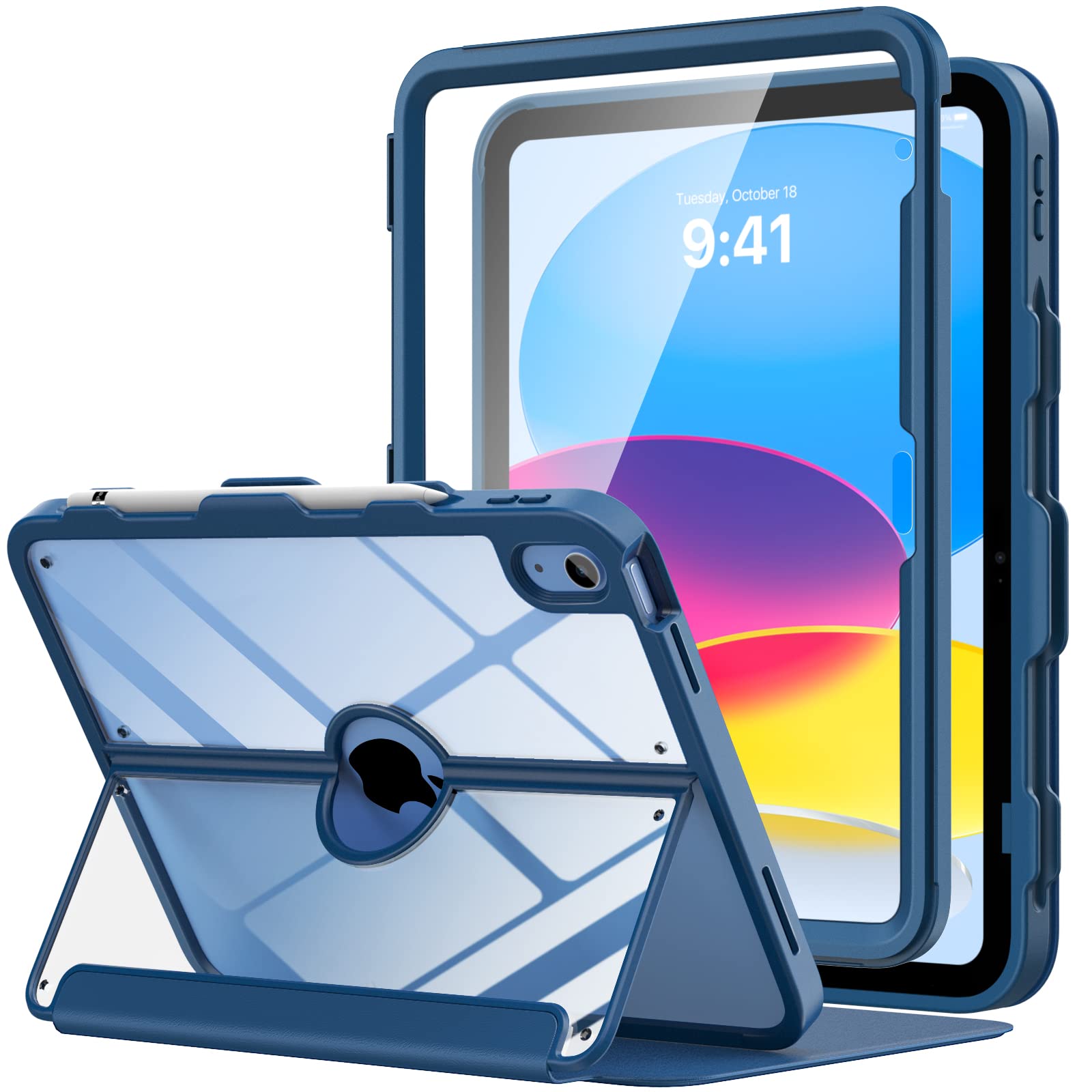 MoKo for iPad 10th Generation Case 2022 with Pencil Holder, iPad 10.9 inch Case 2022, Built-in Screen Protector Clear Back, Stain Resistant Multi Angle Viewing Stand, Auto Wake/Sleep, Navy Blue