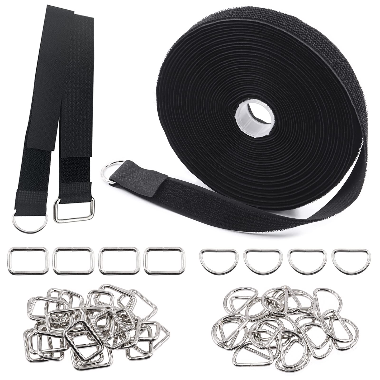 Rustark 25mm*10m Hook and Loop Straps with 50 Thick Metal Buckles Square Rings D Rings, Adjustable fastening cable straps Reusable Cut to Length Cable Ties Nylon Cinch Straps for Organizer or Storage