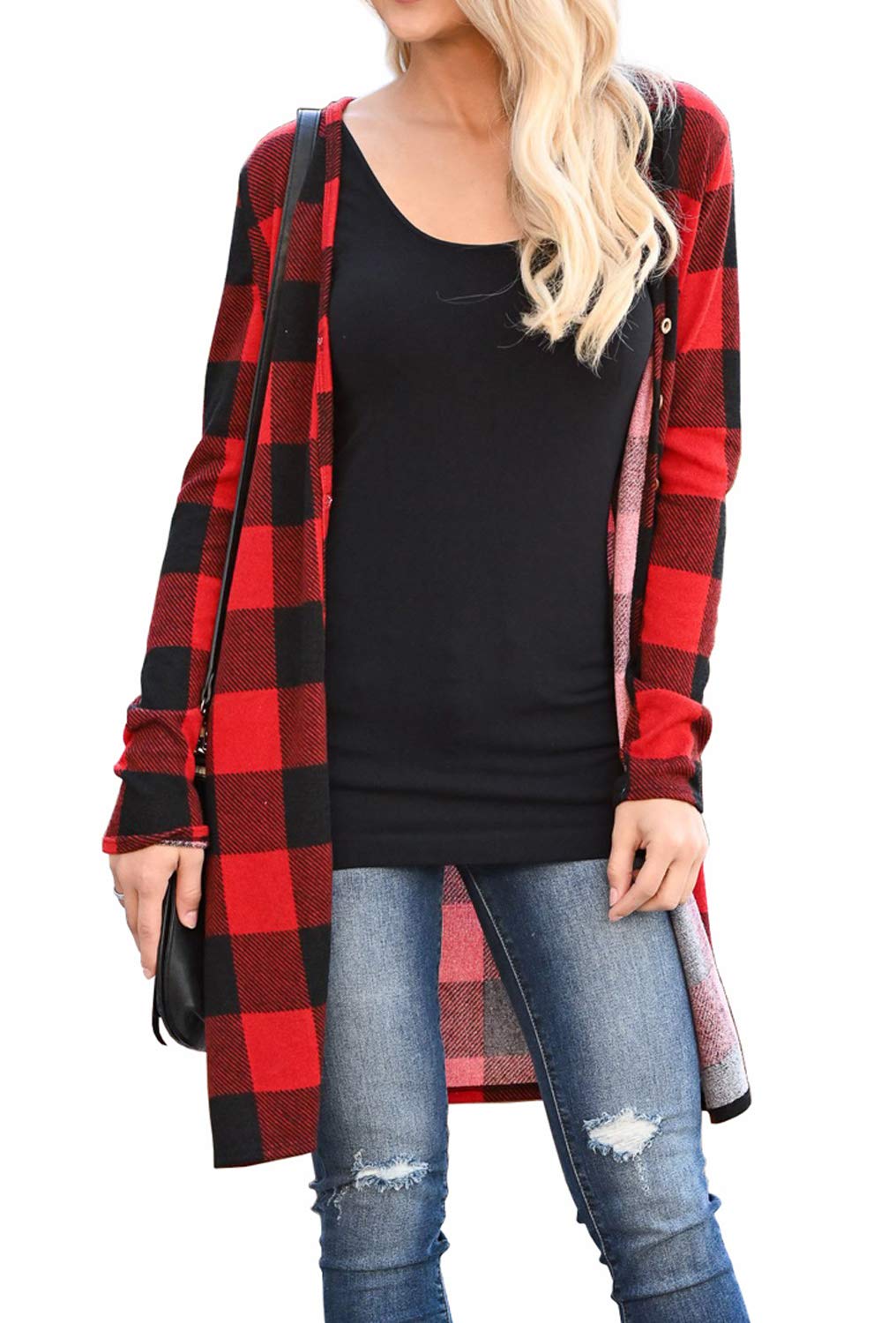 Women's Long Sleeve Open Front Cardigan Buffalo Plaid Knitted Maxi Sweater Coat Outwear