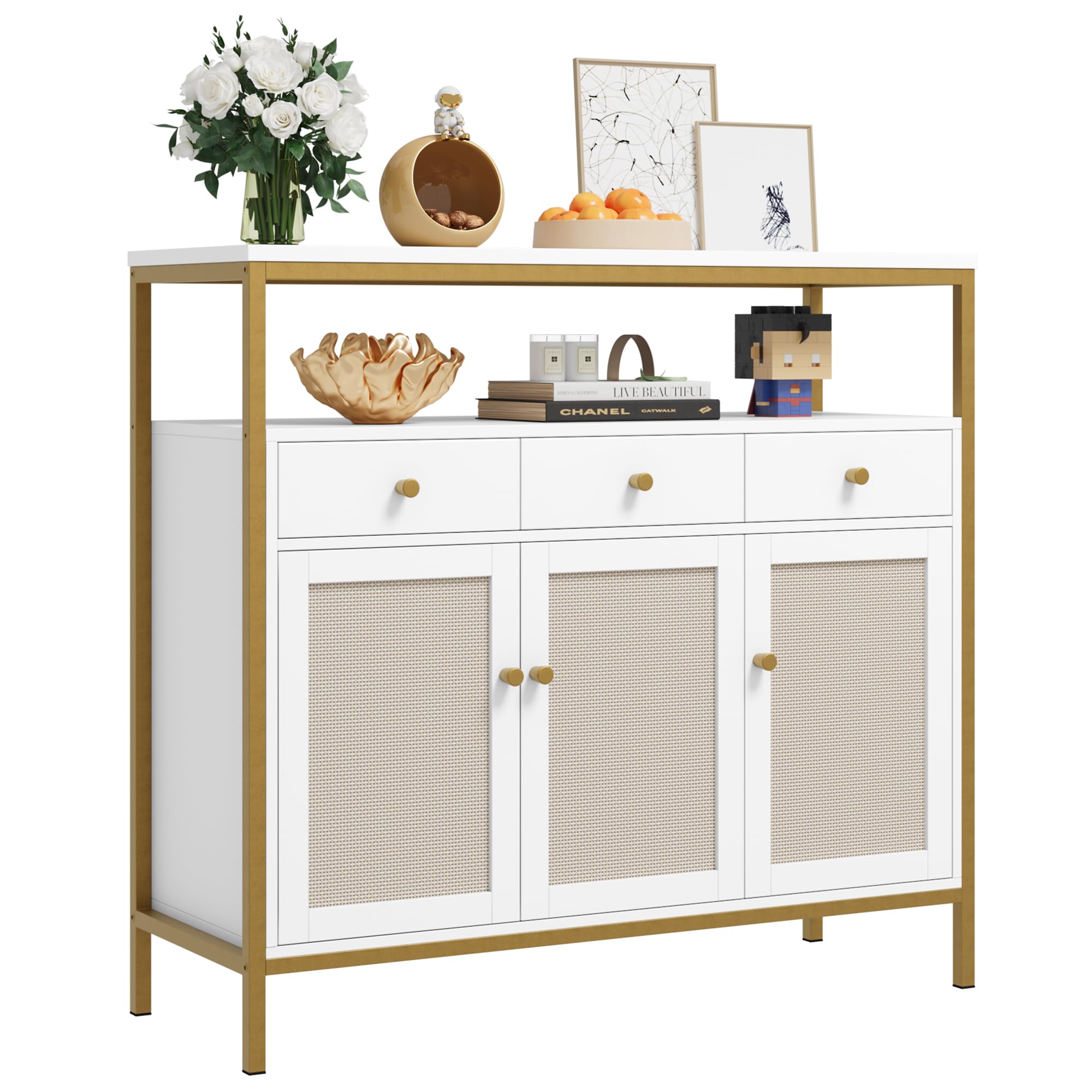 Buffet Cabinet with Storage, Kitchen Cabinet with Rattan Doors and Drawers, Sideboard Storage Cabinet with Adjustable Shelf for Kitchen Bar, Entryway