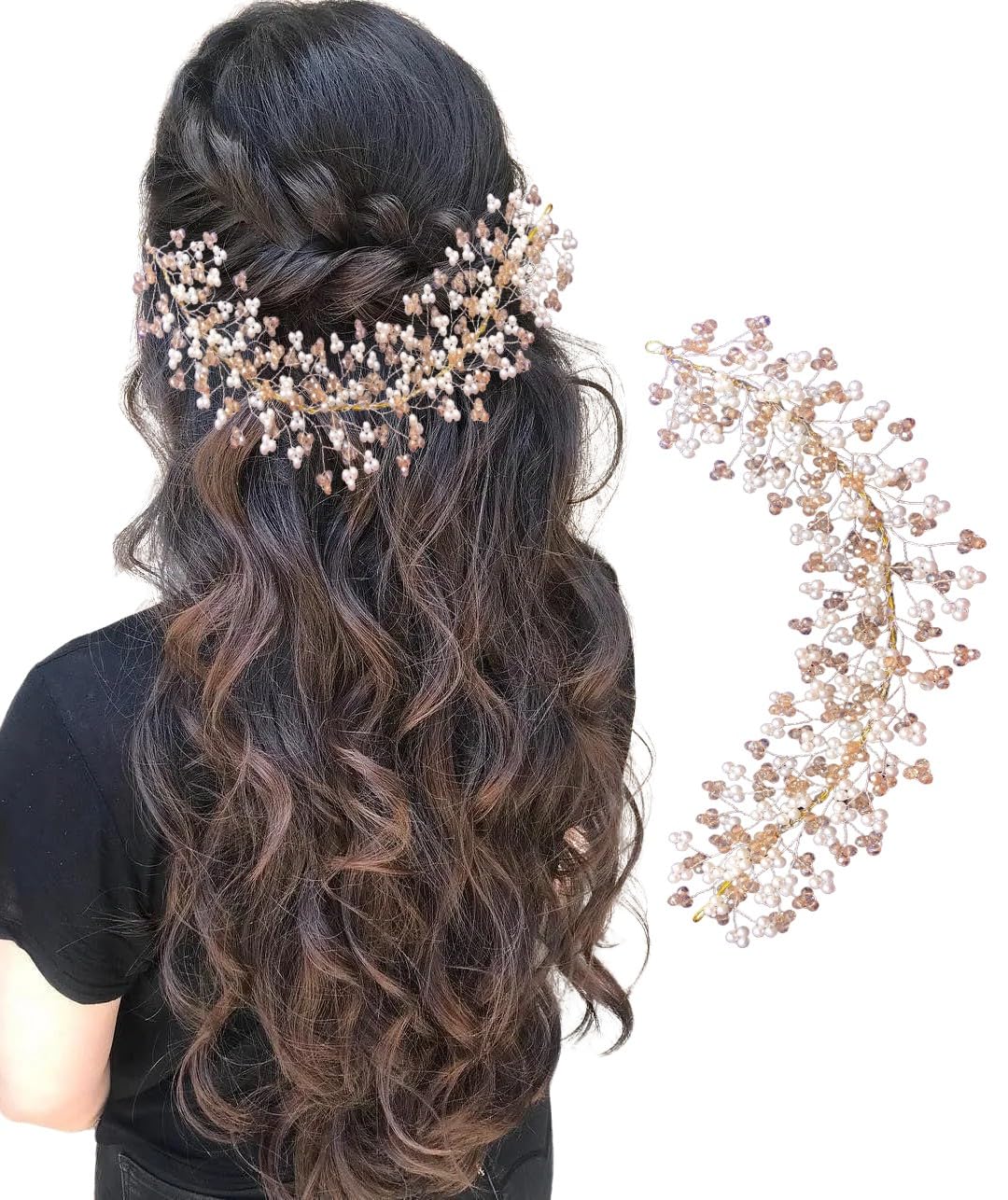 Samyak Pearl Hair Accessories Crystal Beaded Handmade Hair Pins For Brides Bridesmaid Hair Piece Tiara Vine For Hair Decoration (Gold)