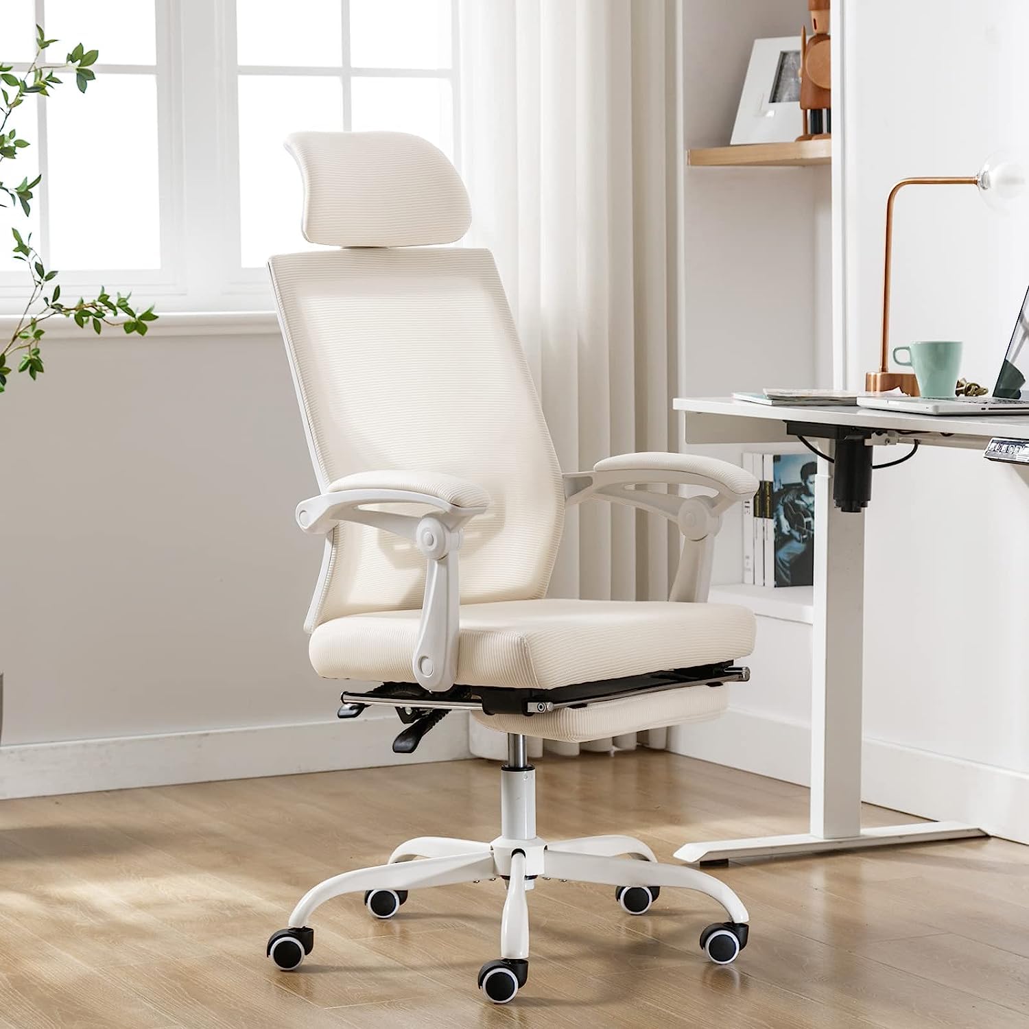 Lepdep Mesh Ergonomic Office Chair with Footrest Home Office Desk Chair with Headrest and Backrest 90-135 Adjustable Computer Desk Chair with Wheels 360 Swivel Task Chair (Cream White)