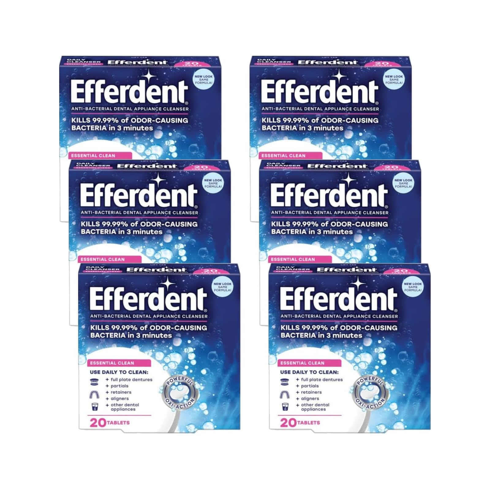 Efferdent Denture & Retainer Cleanser Tablets, Essential Clean, 20 Tablets (Pack of 6)