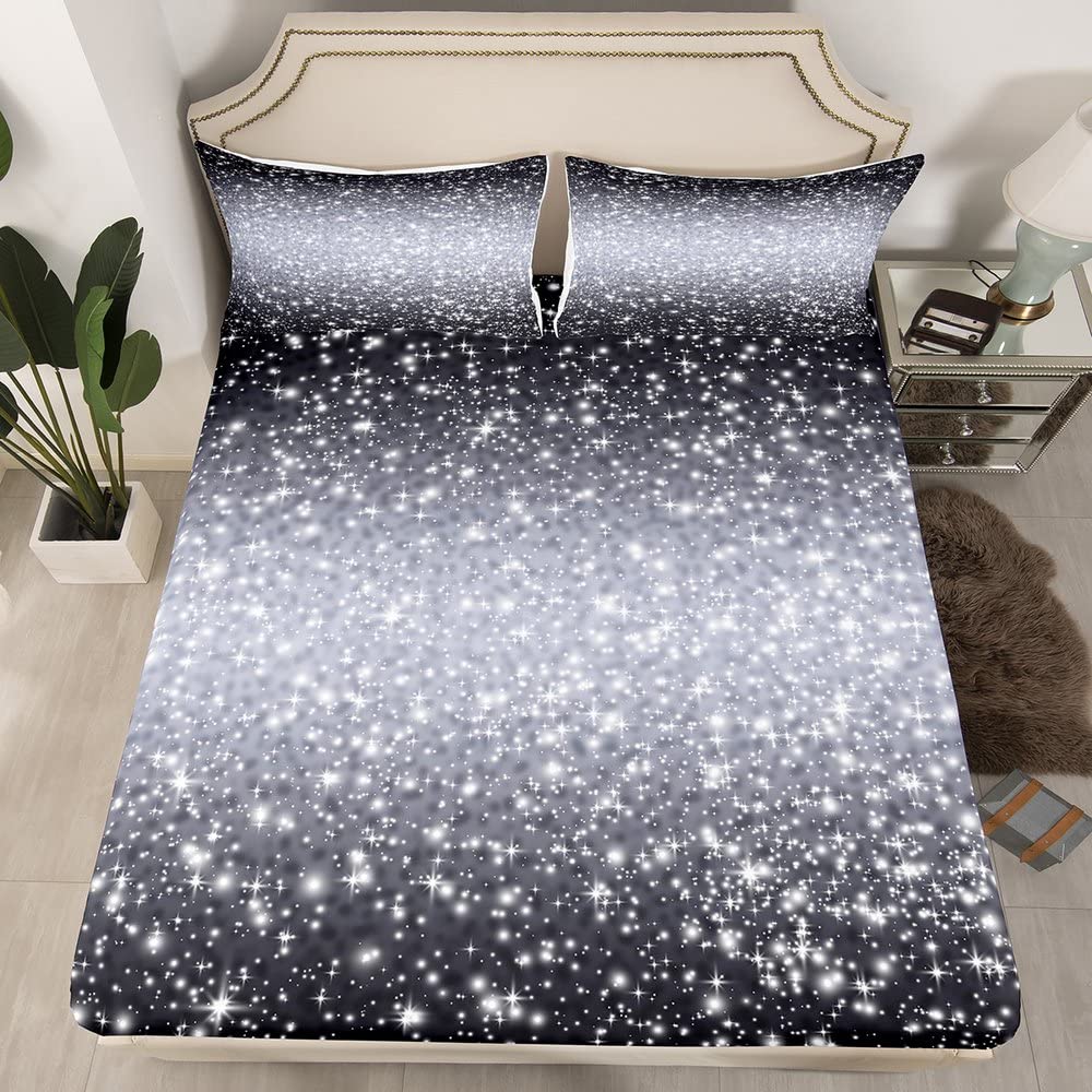 Erosebridal Black Grey Ombre Bed Sheets Twin Galaxy Fitted Sheet,Pastel Gray Glitter Stars Bedding Set for Kids Boys Girls Teens Bedroom Dorm,Sparkle Starlight Home Bedding Sets 1 Pillow Case