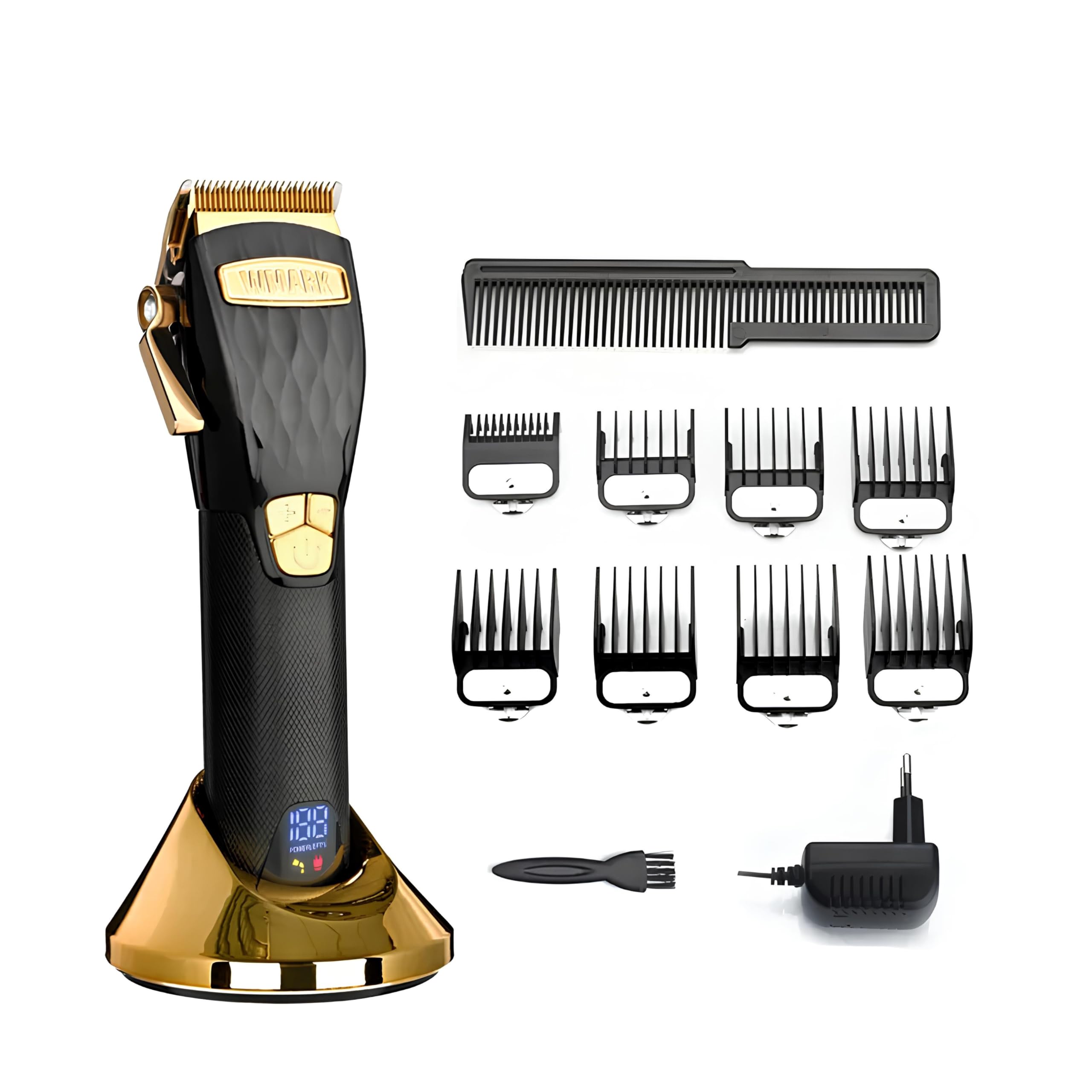 WMARKNG-2032 Ultra Premium Professional 5 Speed Setting Hair Clipper Digital Display 440C 9CR18 Blade Powerful Magnetic Motor 8 Guide Comb Taper Lever Adjustment Charging Pod & Stand Runtime 240 min