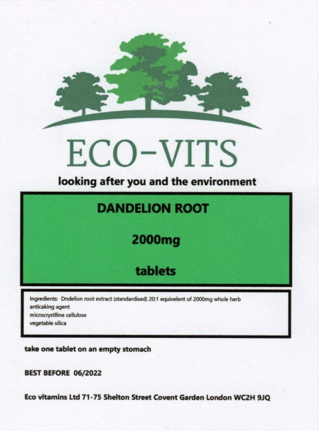 ECO-VITS Dandelion Root (2000mg) 60 TABS. Recyclable Packaging. Sealed Pouch