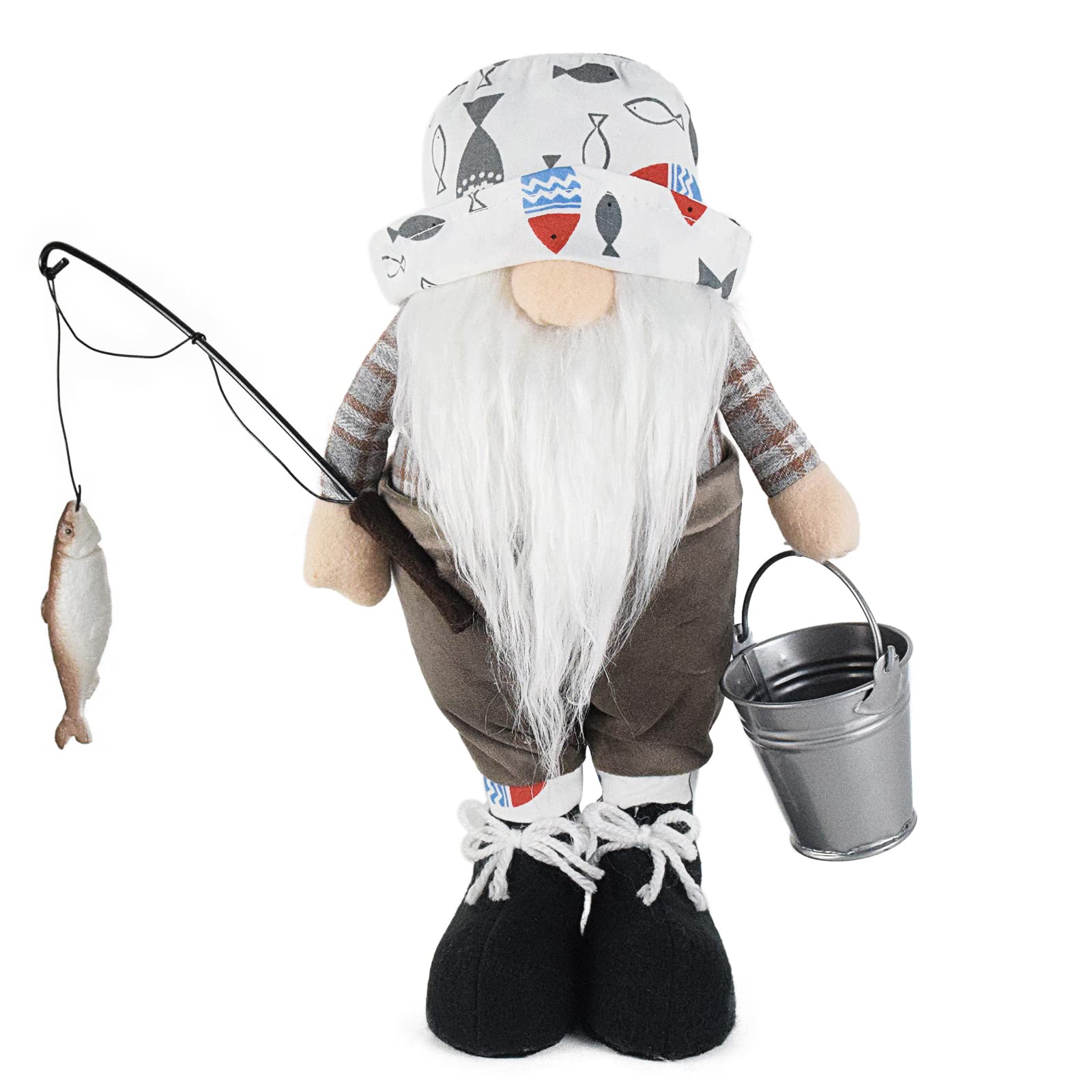 Attiigny 11 Inch Fisherman Gnome Figurines Indoor Ornament Standing Fisher Swedish Gonk Ornament Tomte Christmas Fishing Gnome Plush for Home Kitchen Decoration