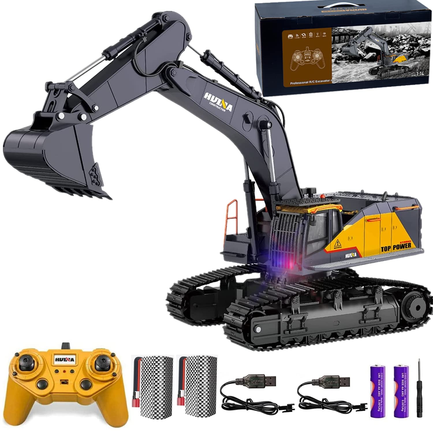 Remote Control Excavator Toy 1/14 Scale RC Excavator, 22 Channel Upgrade Full Functional Construction Vehicles Rechargeable RC Truck with Metal Shovel and Lights Sounds Best for Kids 3-15