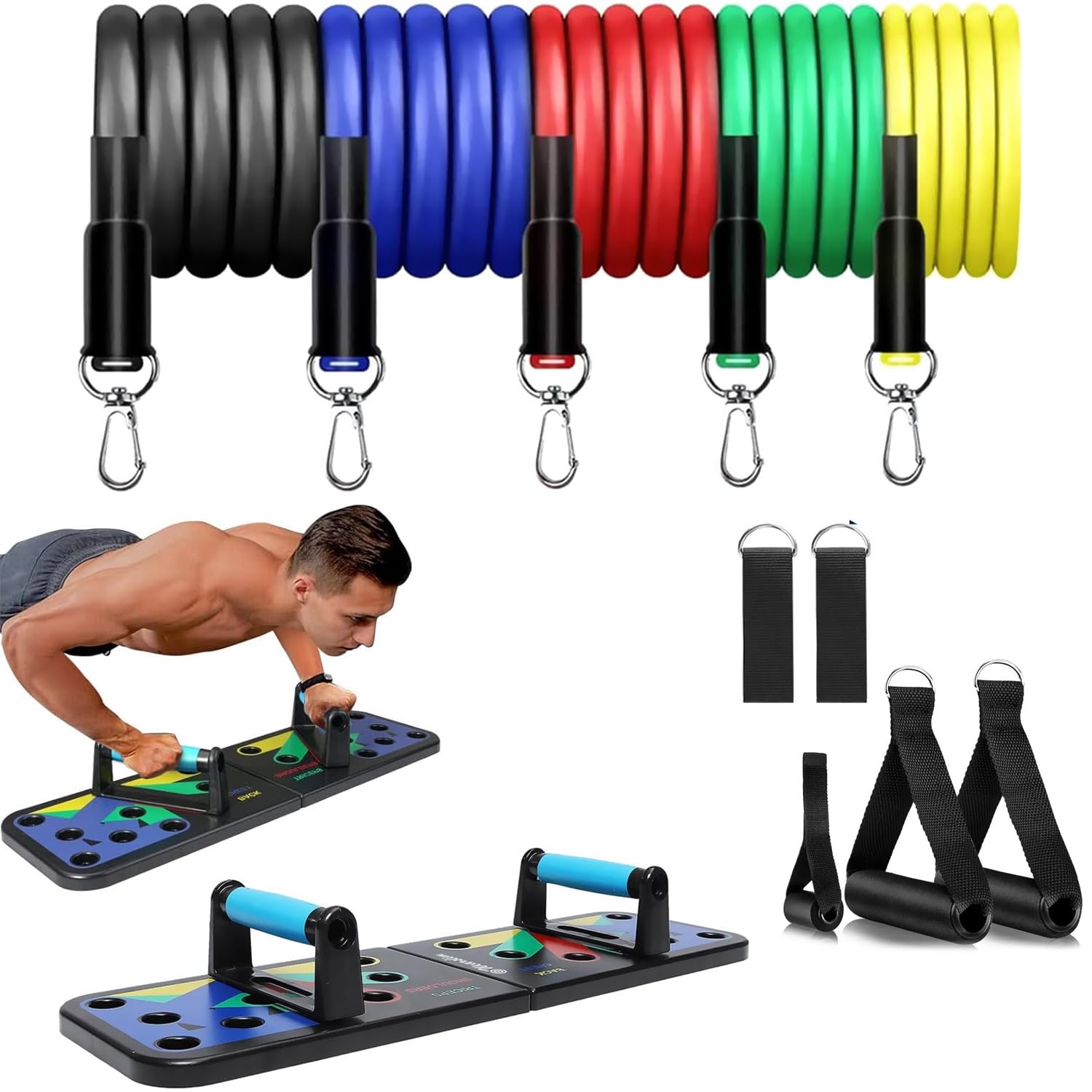 Wearslim® Professional Multifunction Push-Up Rack Board with Workout Toning Tube, 12 in 1 Comprehensive Fitness Push-up Stands Board, 5 in 1 Training Tube Set Stackable up to 110 lbs