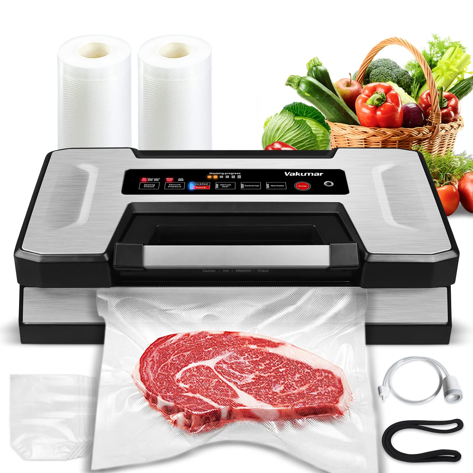 Vacuum Sealer, Vakumar 90Kpa Food Vacuum Sealer Machine Built-in Cutter & Bag Storage, Food Preservation Dry/Moist /Liquid Mode, Sauces and More, Handle Locked Design