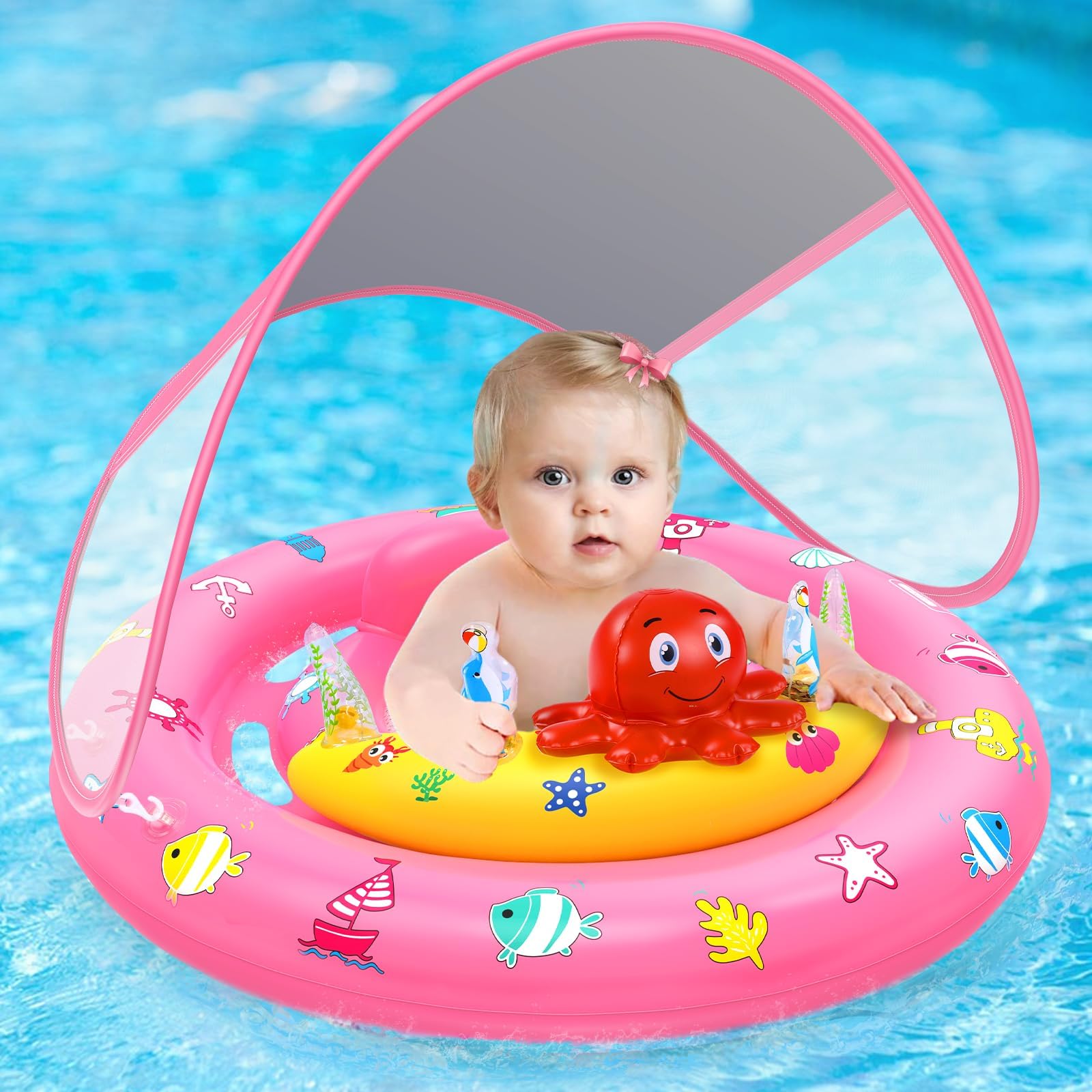 Baby Pool Float with Canopy, Inflatable Baby Swim Float with UPF50+ Sun Protection, Toddler Infant Pool Float with Toy Play Console Adjustable Safety Seat for Kids Girls Boys Aged 6-36 Months