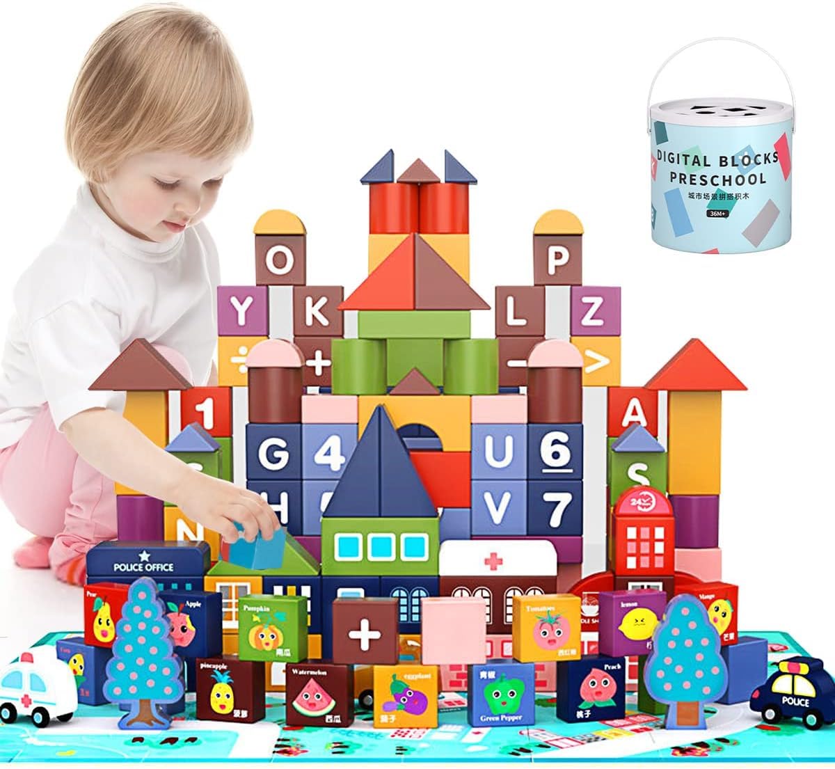 157 Piece Wooden Building Blocks Set,City Construction Stacker Stacking Preschool Learning Educational Toys, ABC Wooden Blocks for Kids, Toddlers Wooden Toy Blocks