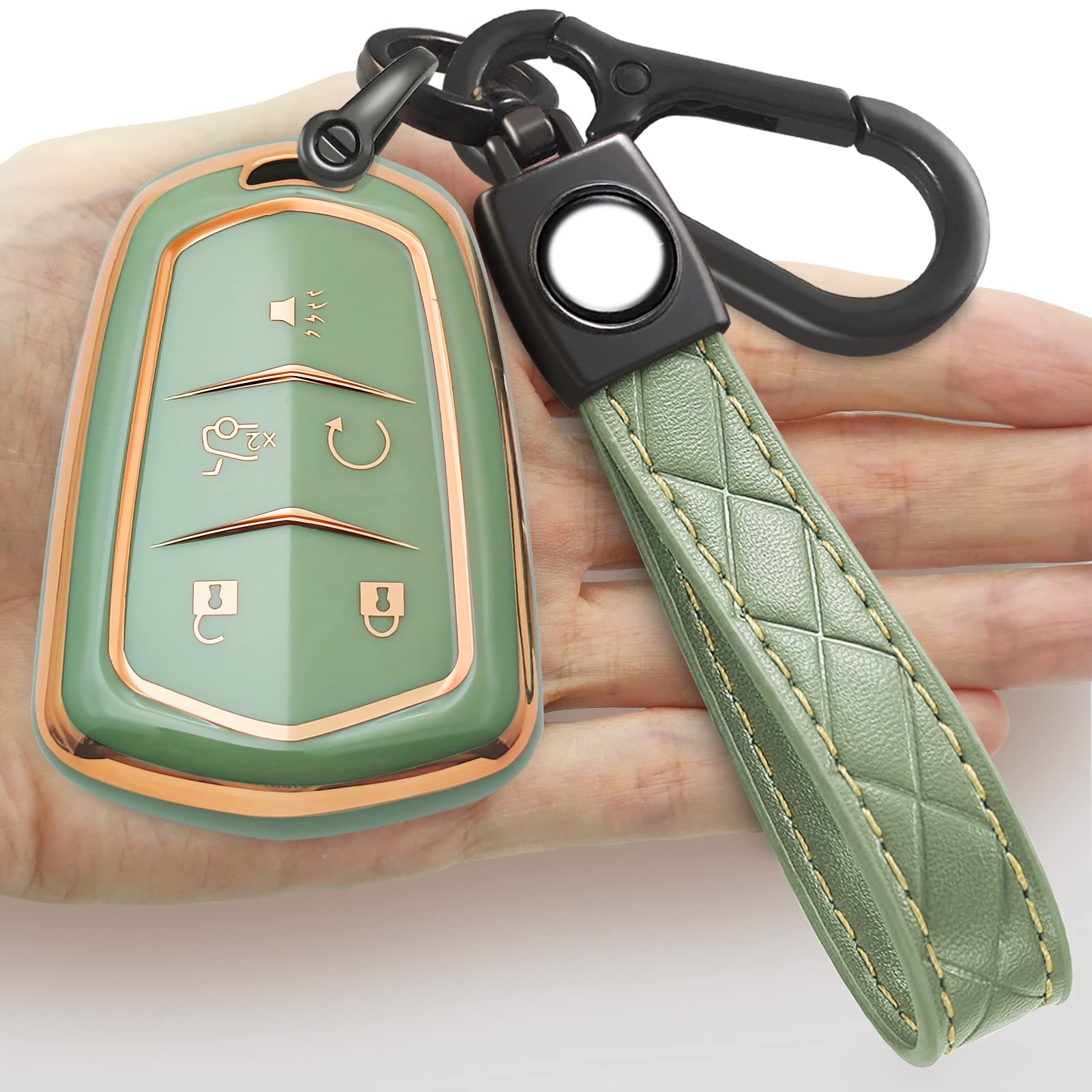 Lyonuczs for Cadillac Key Fob Cover Soft TPU with Keychain Full Protection Key Fob Case Shell Compatible with 2015-2019 Cadillac Escalade CTS SRX XT5 ATS STS CT6 5-Buttons (Green)