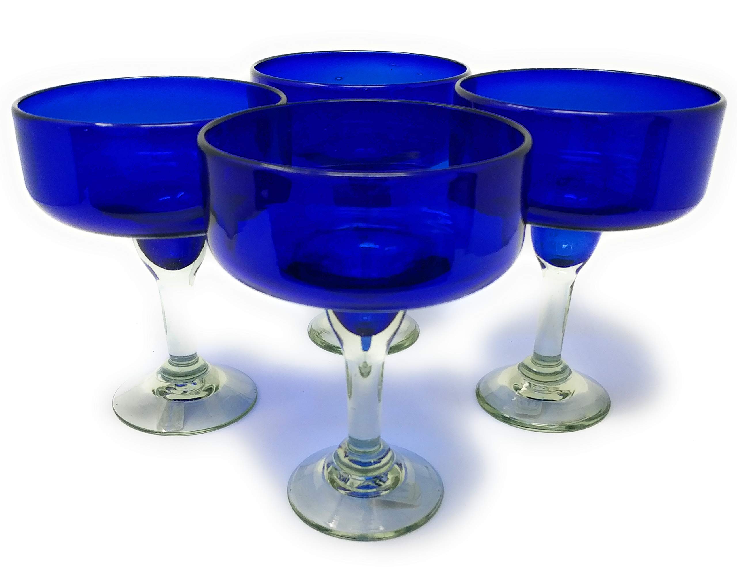 Mexican Hand Blown Glass – Set of 4 Hand Blown Margarita Glasses - Cobalt (16 oz)