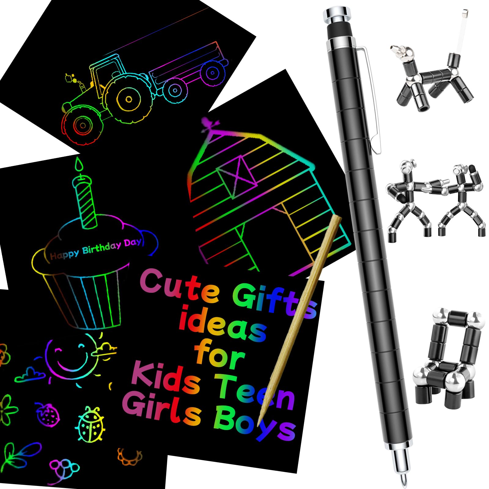 KEIFUKUH Unique and Fun Gifts Ideas for Boys, Girls and Teens, Fidget Gel Pen and Art Scratch Craft Paper