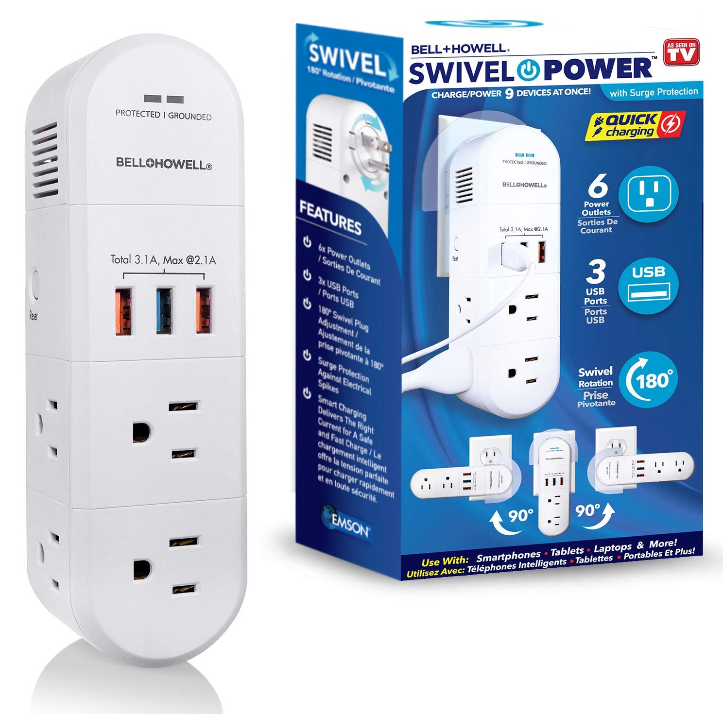 Swivel Power by Bell+Howell Power Strip w/Surge Protection Rapid, Swiveling Charging Station USB Outlet Extender – with 6 Electrical, 3 USB Port, 125VAC / 60Hz / 10A / 1250WMax, UL STD 498A