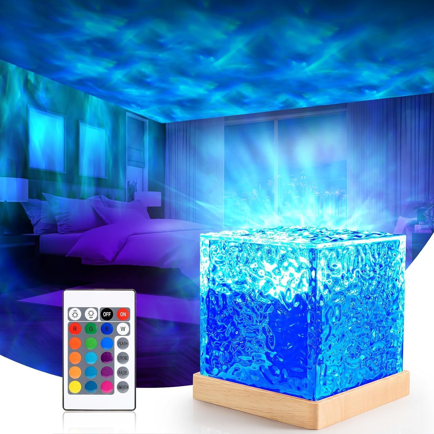 PESCA Lights Ocean Wave, Romantic Warm Ocean Wave Water Night Light Projector 3D Water Wave Effect, Romantic LED Light Projector Projection Lamps Crystal Table Lamp for Bedroom Decor