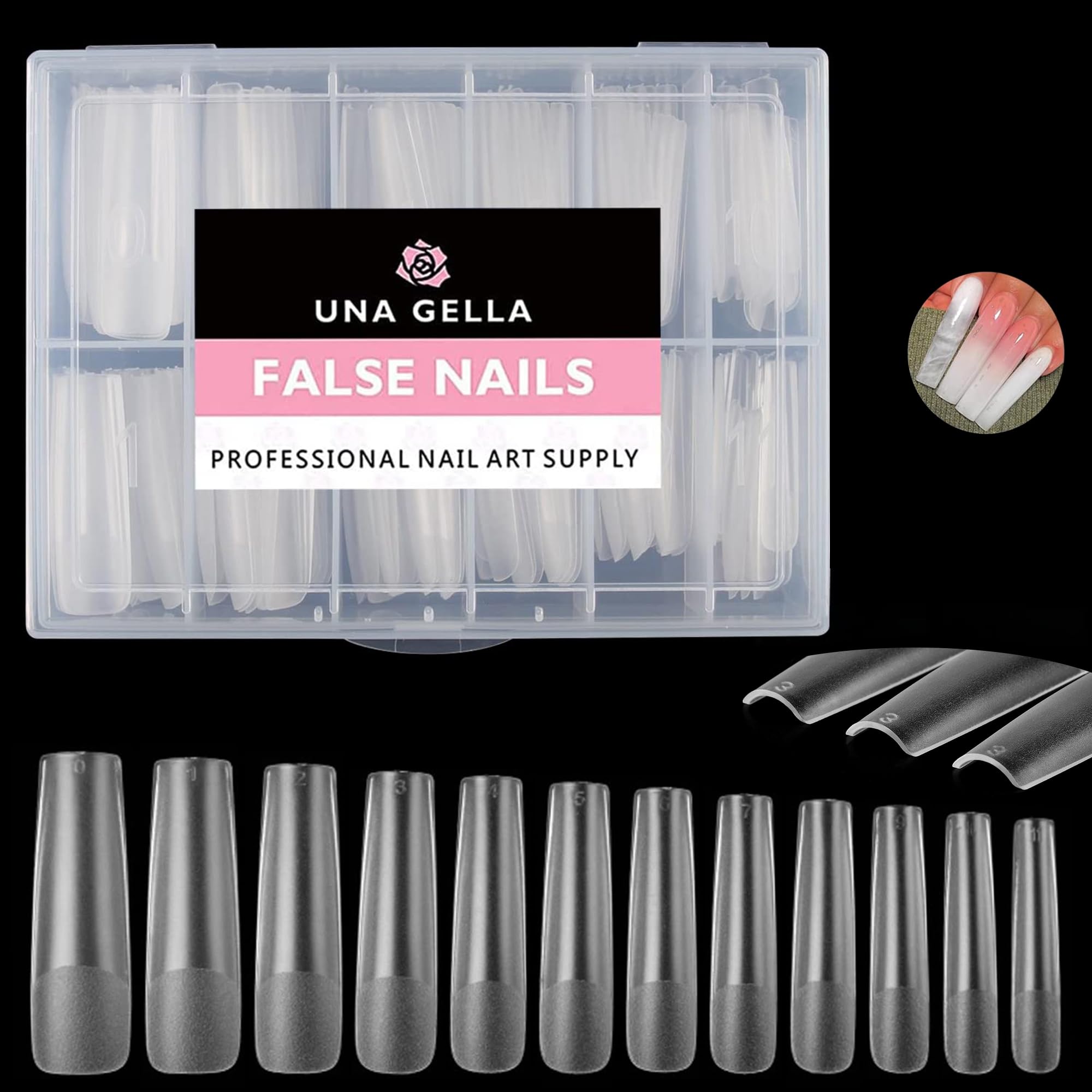 UNA GELLA XXL Square False Nails, 216pcs, No C Curve, Straight, Extra Long, Clear, Press On Nails Tips for Gel Nail Extensions, 12 Sizes