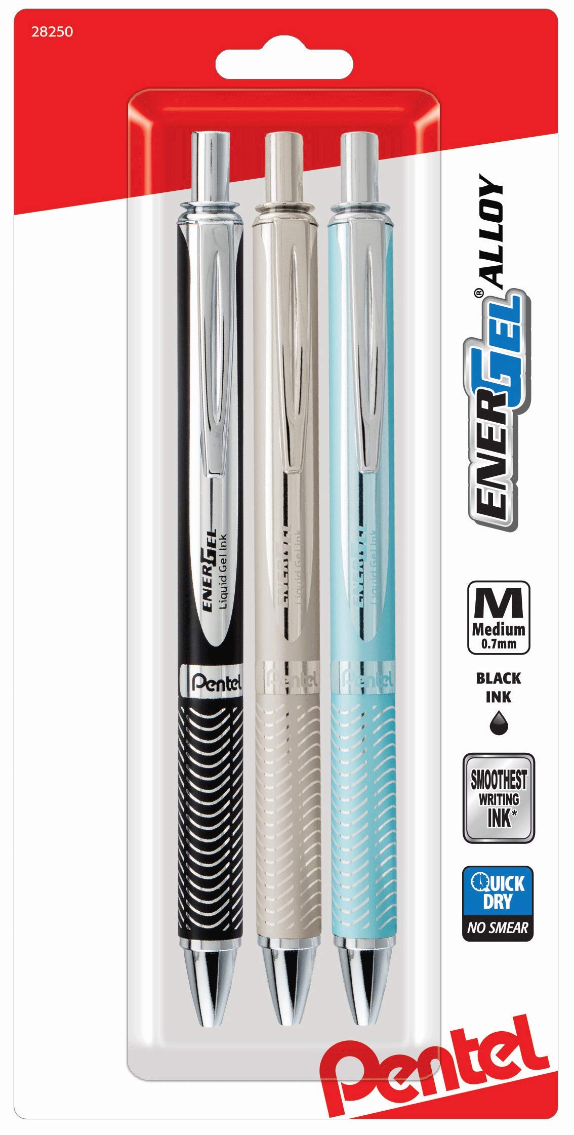 Pentel Energel Alloy Rt Retractable Liquid Black Ink Gel Pens, 3 Pack, 0.7mm Medium Metal Tip, Black, Silver, & Aquamarine Color Barrel, Professional Pens For Business Executive Women & Men.