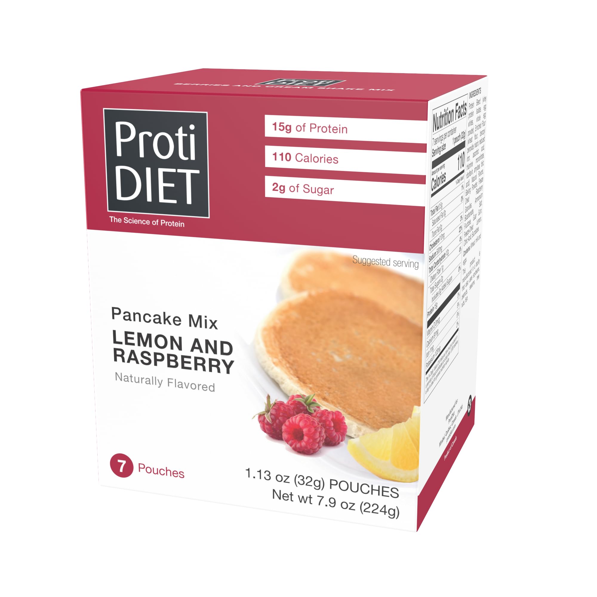 ProtiDiet High Protein Pancake Mix - Lemon Raspberry - 7 Pouches - Low Carb Pancake Mix Just Add Water - 15g Protein Per Serving With Only 110 Calories - Nutritious Breakfast or High Protein Snacks