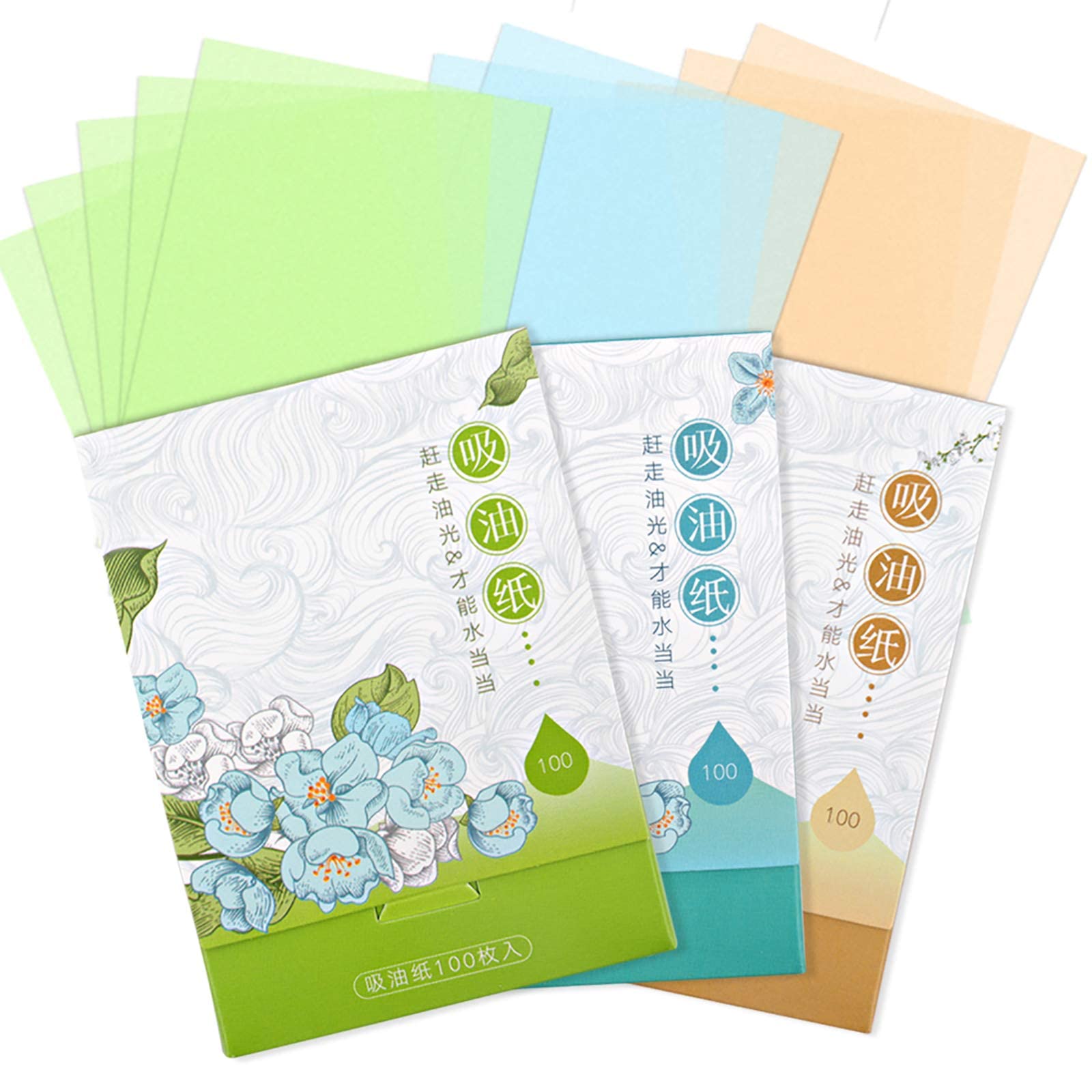 300 Sheets Oil Absorbing Tissues, 3 Pack Premium Oil Blotting Paper Sheets, Translucent, Soft Face Blotting Paper Stay Skin Fresh and Smooth, for Facial Skin Care & Make Up(Green, Blue, Brown)