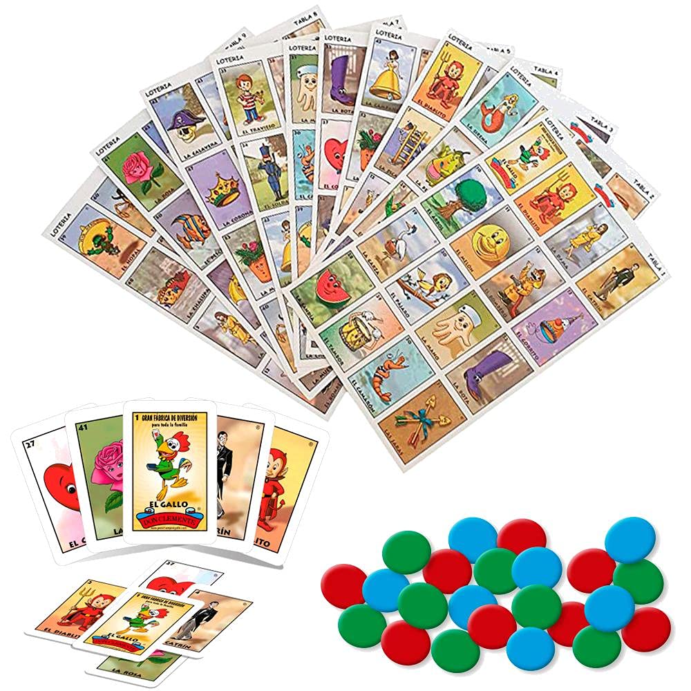 More Fiesta Mexican Loteria Kids Bingo Game Set in Spanish and with Chips, for up to 10 Players - 10 Boards, Full Deck of Cards and Chips - Kids Friendly Themed