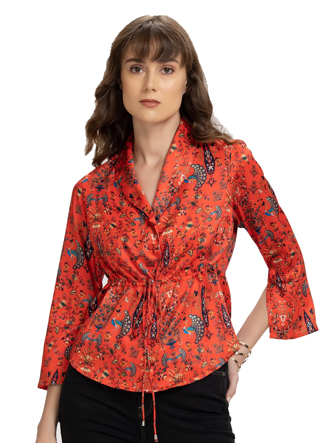 Shaye Women Red Floral Printed Camile Cinched Shirt Jacket with Regular Fit | V-Neck | Long Sleeves