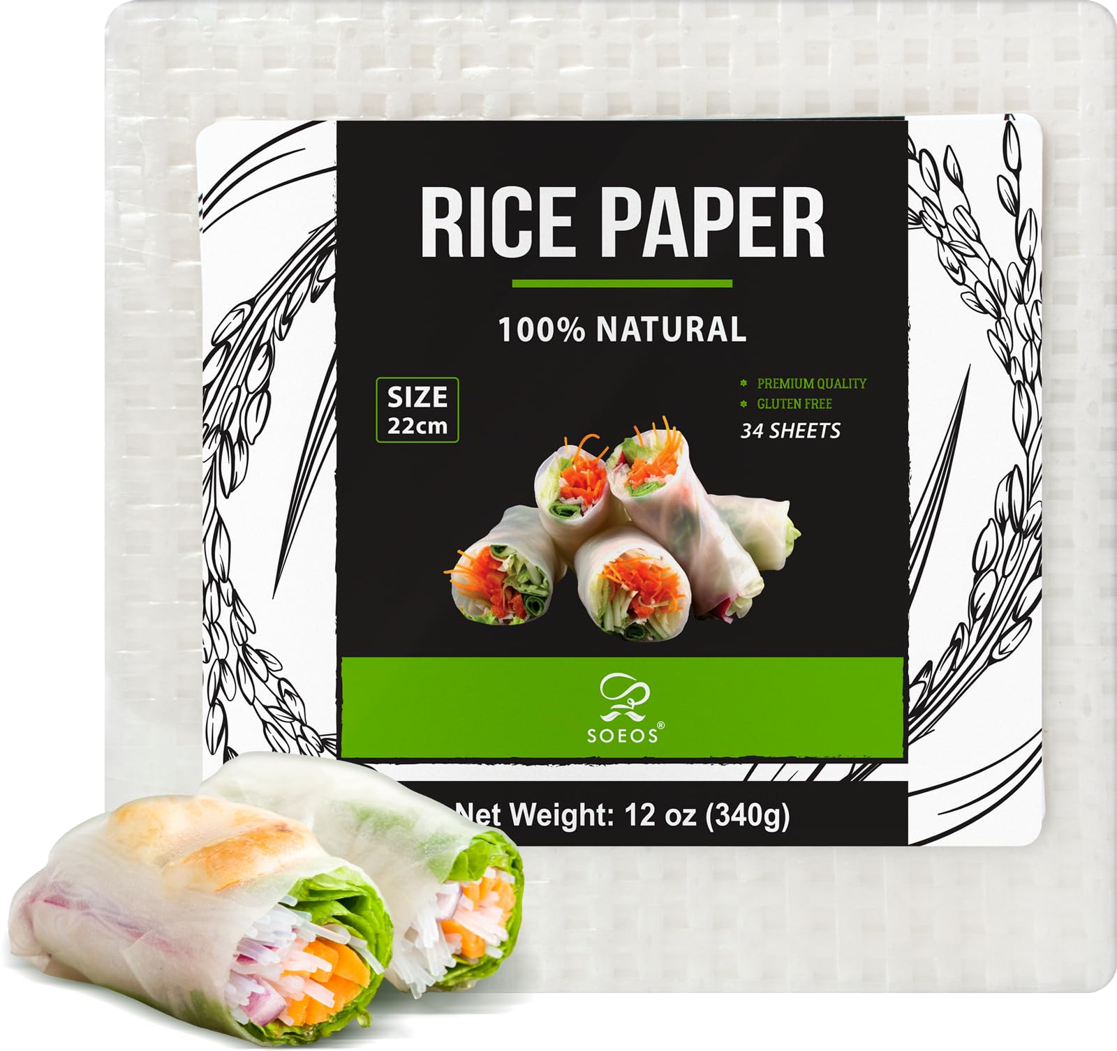 SoeosRice Paper, White Rice Paper Wrappers, 1 Pack, 34 Sheets-Fresh Spring Roll Wrappers & Dumplings, Non-GMO, Gluten-Free, Low Carb, Vietnamese Rice Wraps (Square, 22cm)