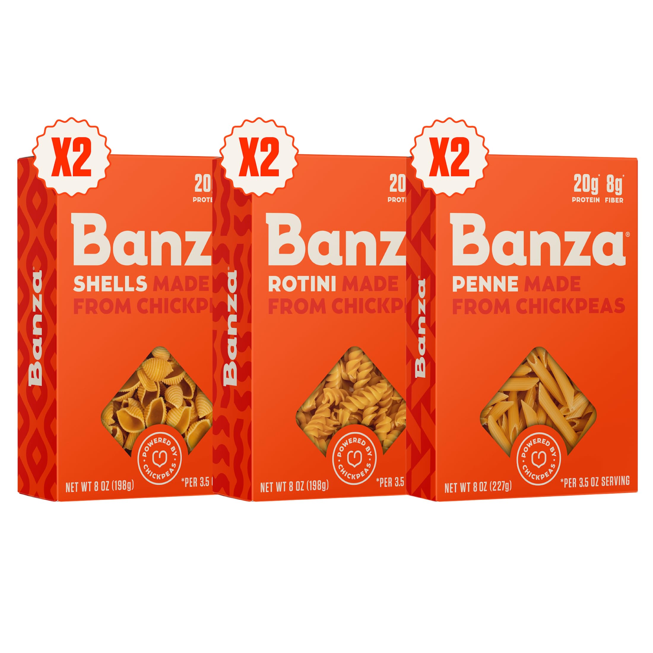 Banza Gluten-Free Chickpea Pasta, Variety Pack 20g Protein | Lower Carb | High Fiber | High Protein | Plant Based Pasta | 8oz (Pack of 6)