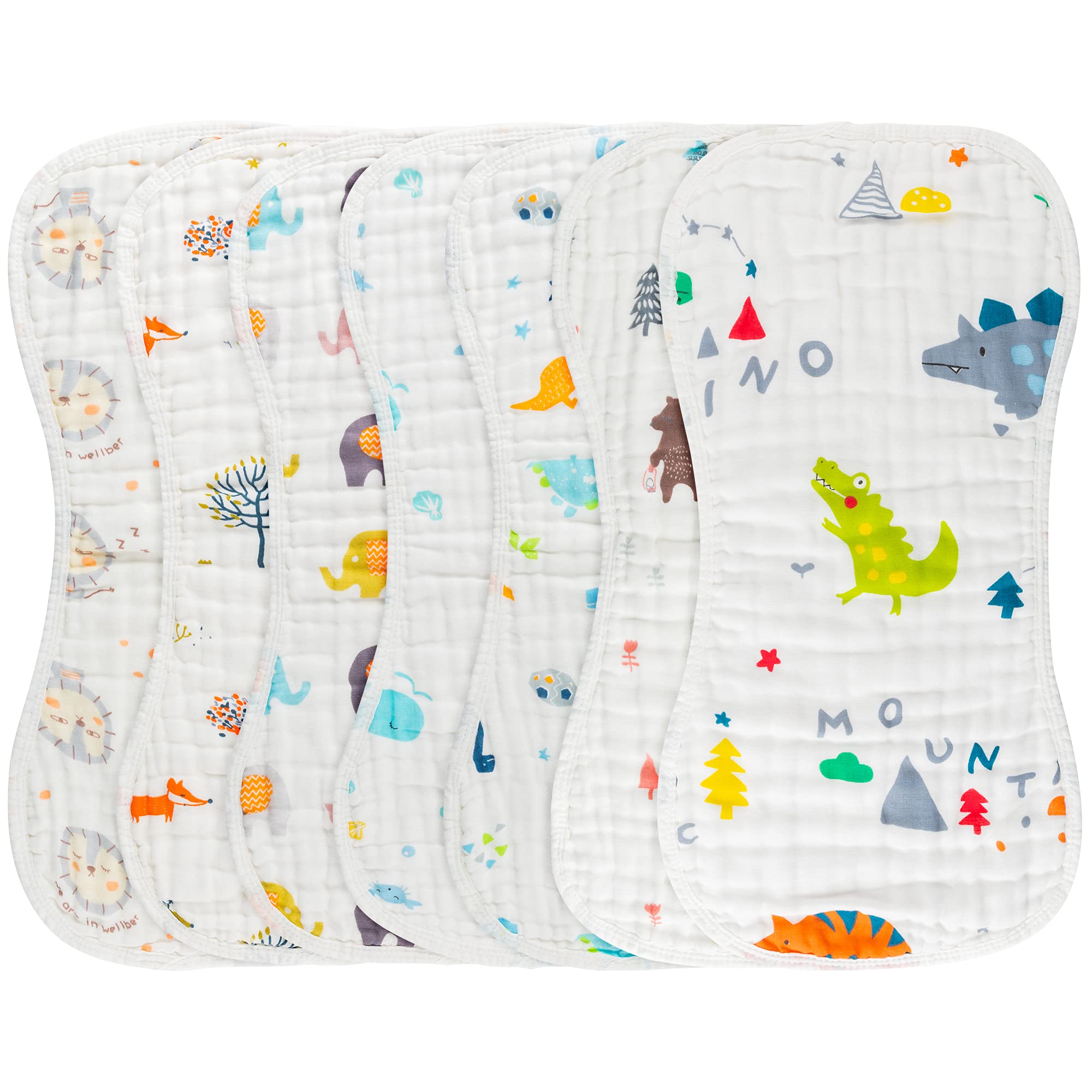 GROBRO7 7Pcs Baby Muslin Burp Cloths 21”x10.5” Long Burping Bids for Babies Dinosaur Blue Whale Forest Animals Cotton Large Towel 6 Layers Extra Absorbent Soft Machine Washable Nursery Newborn Gift