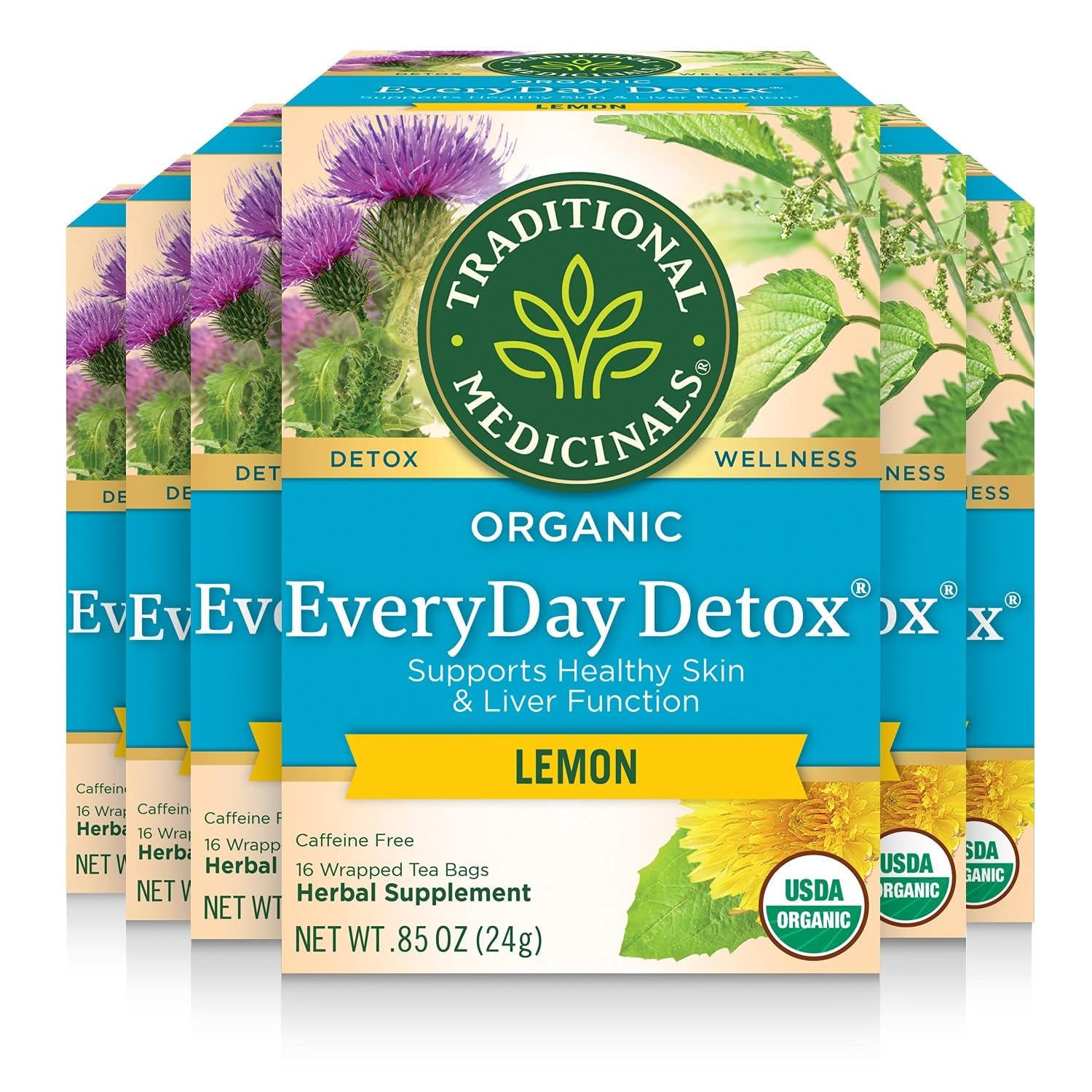 Traditional Medicinals Tea, Organic EveryDay Detox Lemon, Supports Healthy Skin & Liver Function, Detox, 96 Tea Bags (Pack of 6)