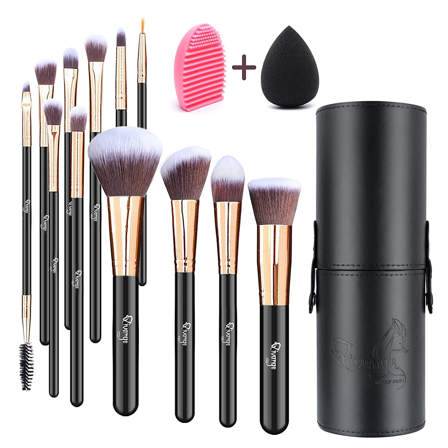 Qivange Makeup Brushes, Flat Foundation Blush Eyeliner Eyeshadow Brushes with Holder+Makeup Sponge & Brush Cleaner, Professional Makeup Brush Set(12 pcs, Black with Rose Gold)