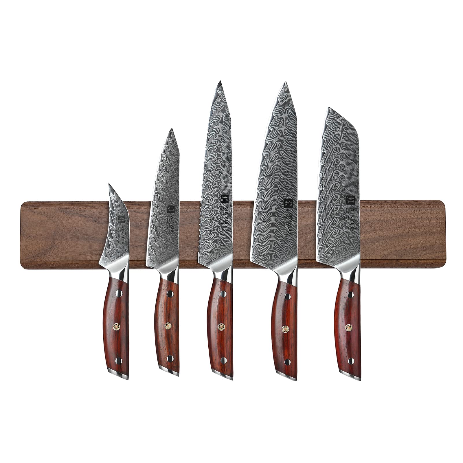 XINZUO6-Piece Kitchen Knife Set with Magnetic Knife Holder,Damascus Steel Chef Knife Set and 16 Inch Walnut Wood Knife Magnetic Strips