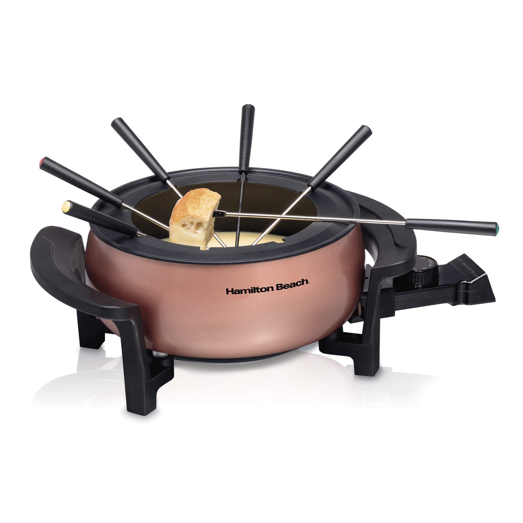 Hamilton Beach 86201 12 Cup Electric Fondue Pot Set with Temperature Control, 6-Color Coded Forks, for Cheese, Chocolate, Hot Oil, Broth, 3 Quarts, Copper