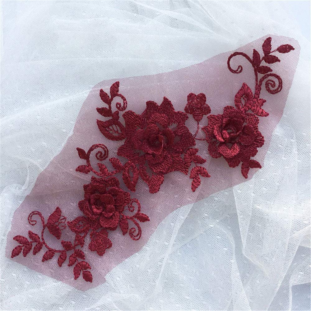 Burgundy Mirror Pair Blossom Flower Lace Applique Wedding Motif 3D Flower Sewing Embellishment Lace Patches DIY for Craft Project Kids Costumes